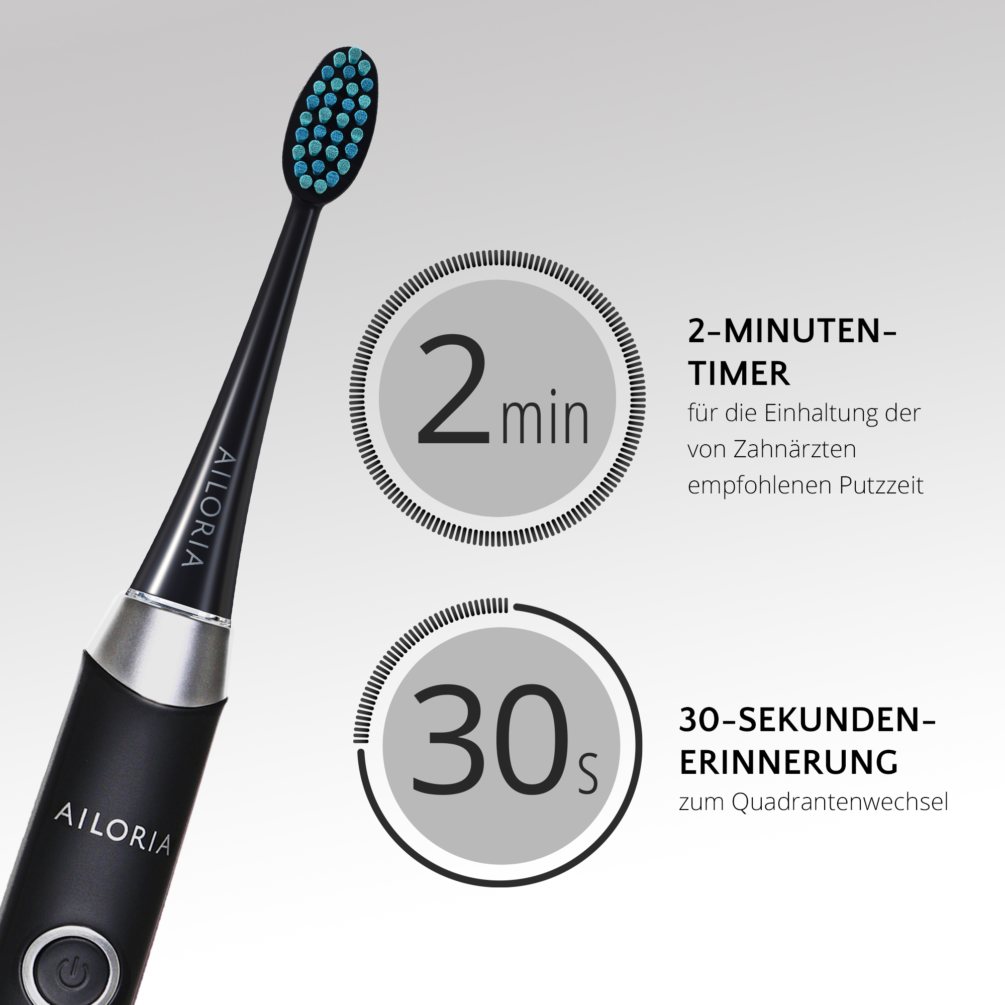 Schwarze elektrische Zahnbürste mit blauen Borsten. Timer-Details in Kreisen. Text zur Putzzeit.