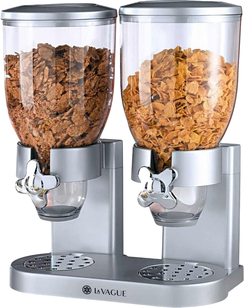 Silberner Doppel-Cerealienspender mit transparenten Behältern mit Müsli. Weißer Hintergrund.