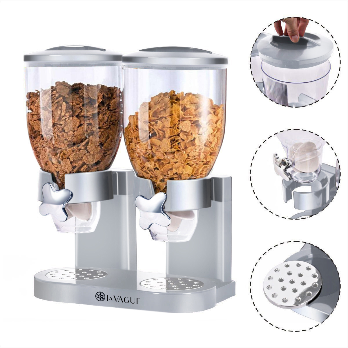 Doppel-Müsli-Spender mit transparenten Behältern, gefüllt mit Flocken. Silberner Sockel und Deckel.