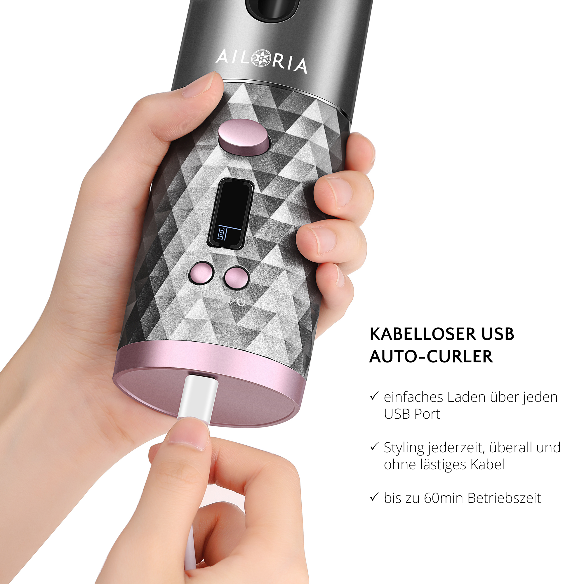 Mano conectando un cable USB a un rizador de pelo plateado y rosa. Texto: Rizador automático USB inalámbrico.