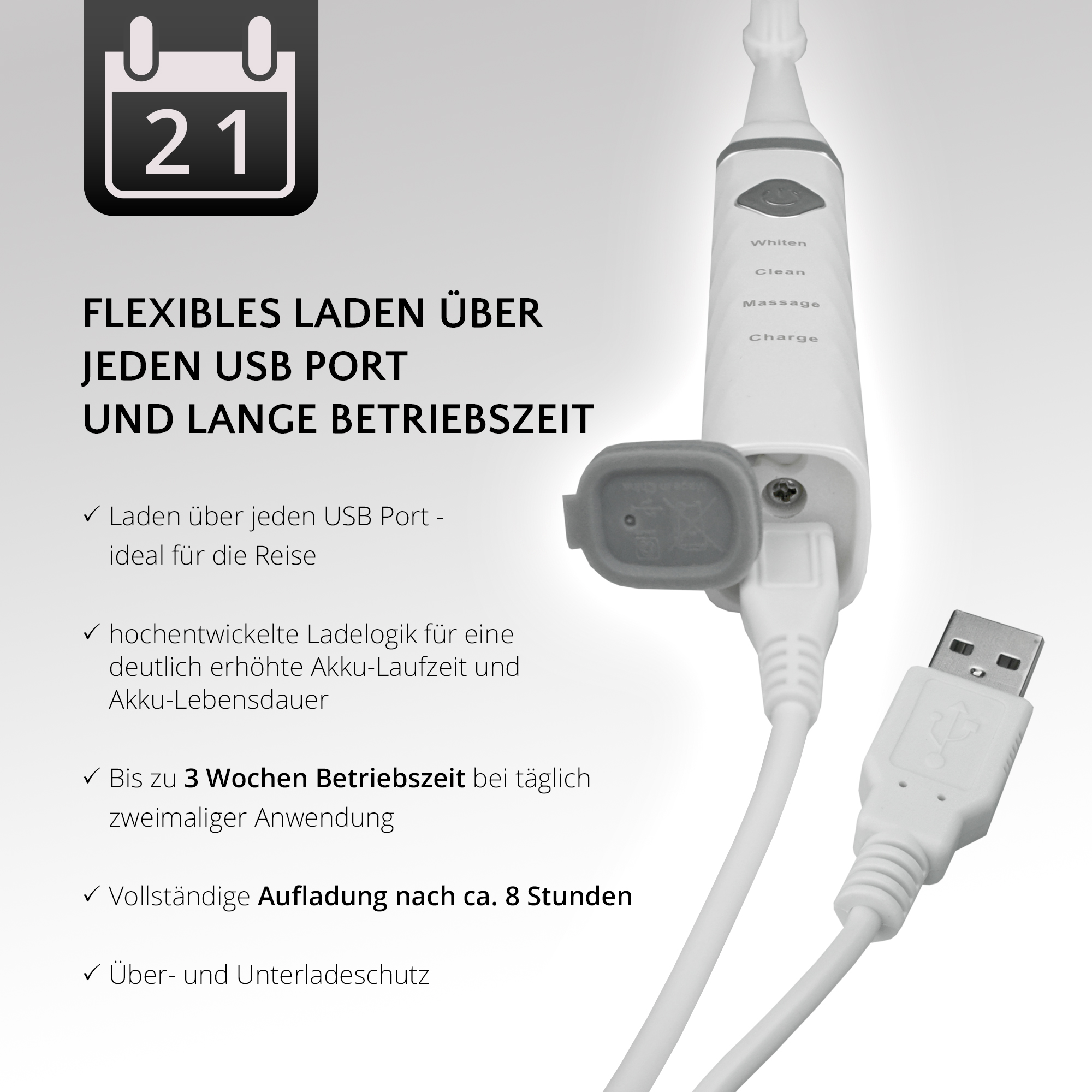 Weiße elektrische Zahnbürste mit USB-Kabel, Kalendergrafik und Text.