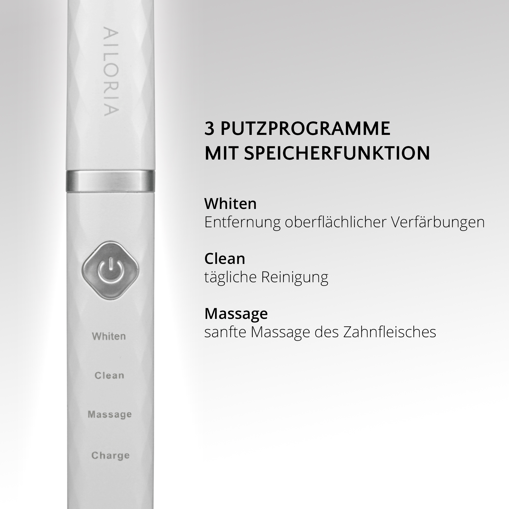 Ein weißes Mundpflegegerät mit Knöpfen und Textbeschriftungen auf hellem Hintergrund.