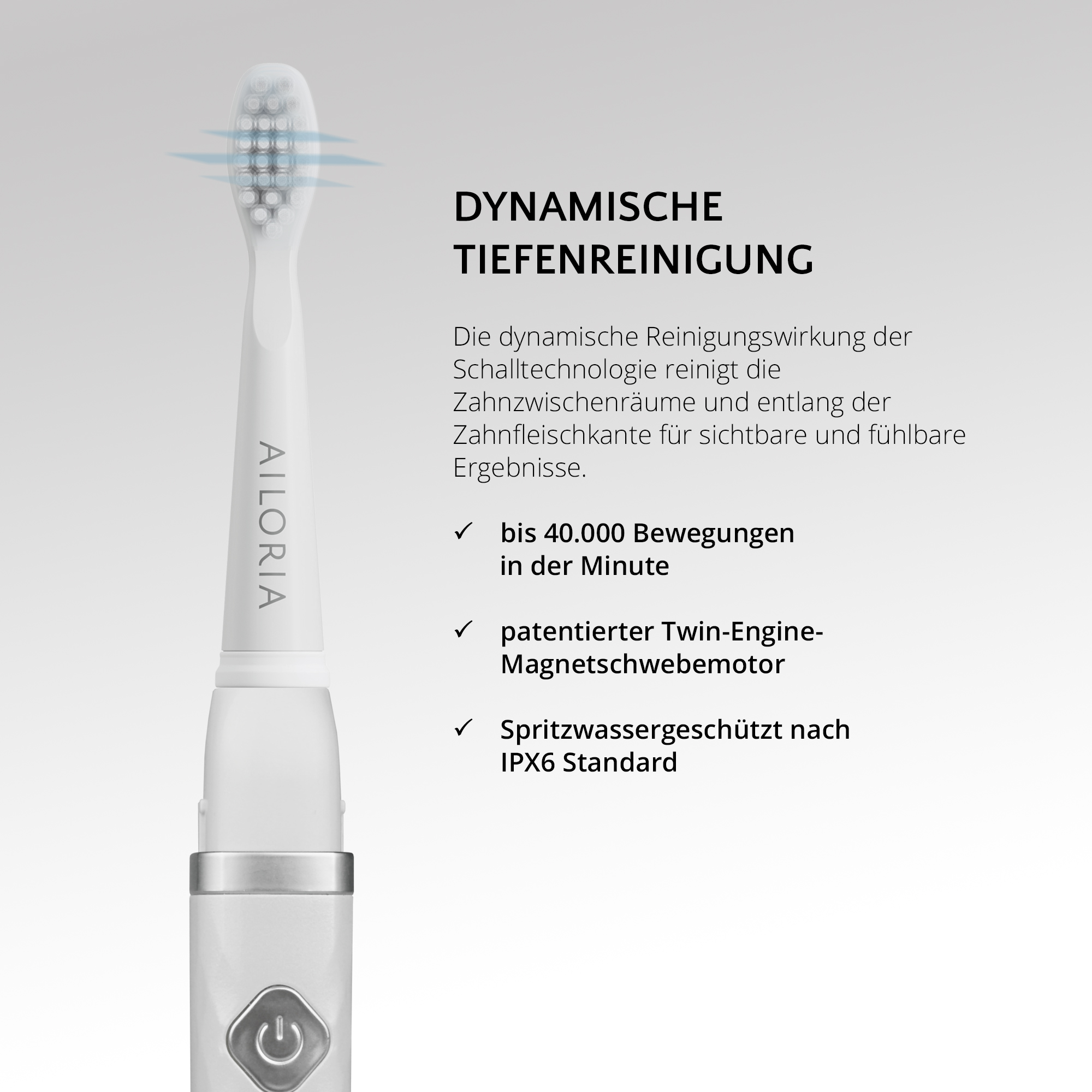 Eine weiße elektrische Zahnbürste mit Text: Dynamische Tiefenreinigung, mit Spezifikationen und Funktionen.
