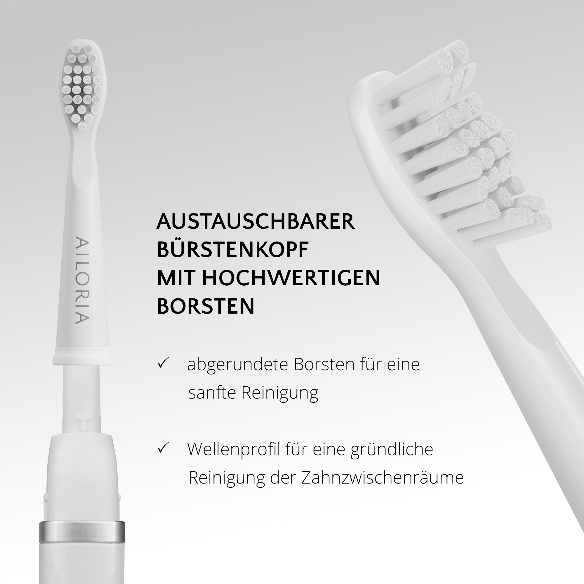 Elektrische Zahnbürste und Details. Text auf Deutsch, weißer Hintergrund.