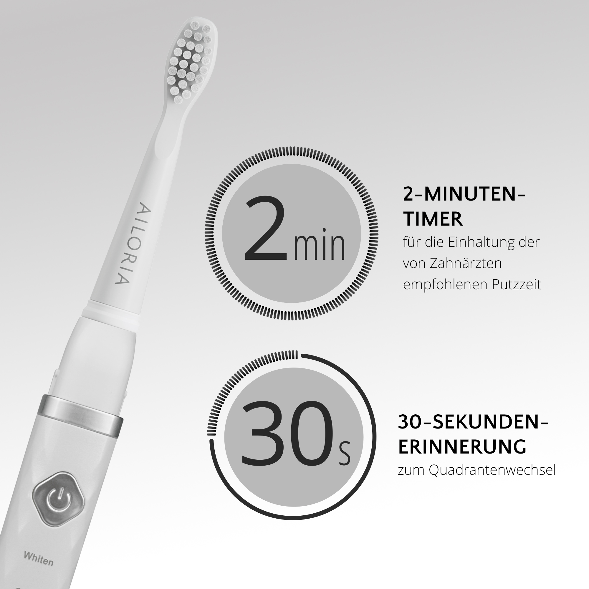 Weiße elektrische Zahnbürste und Text über einen 2-Minuten-Timer und eine 30-Sekunden-Erinnerung.