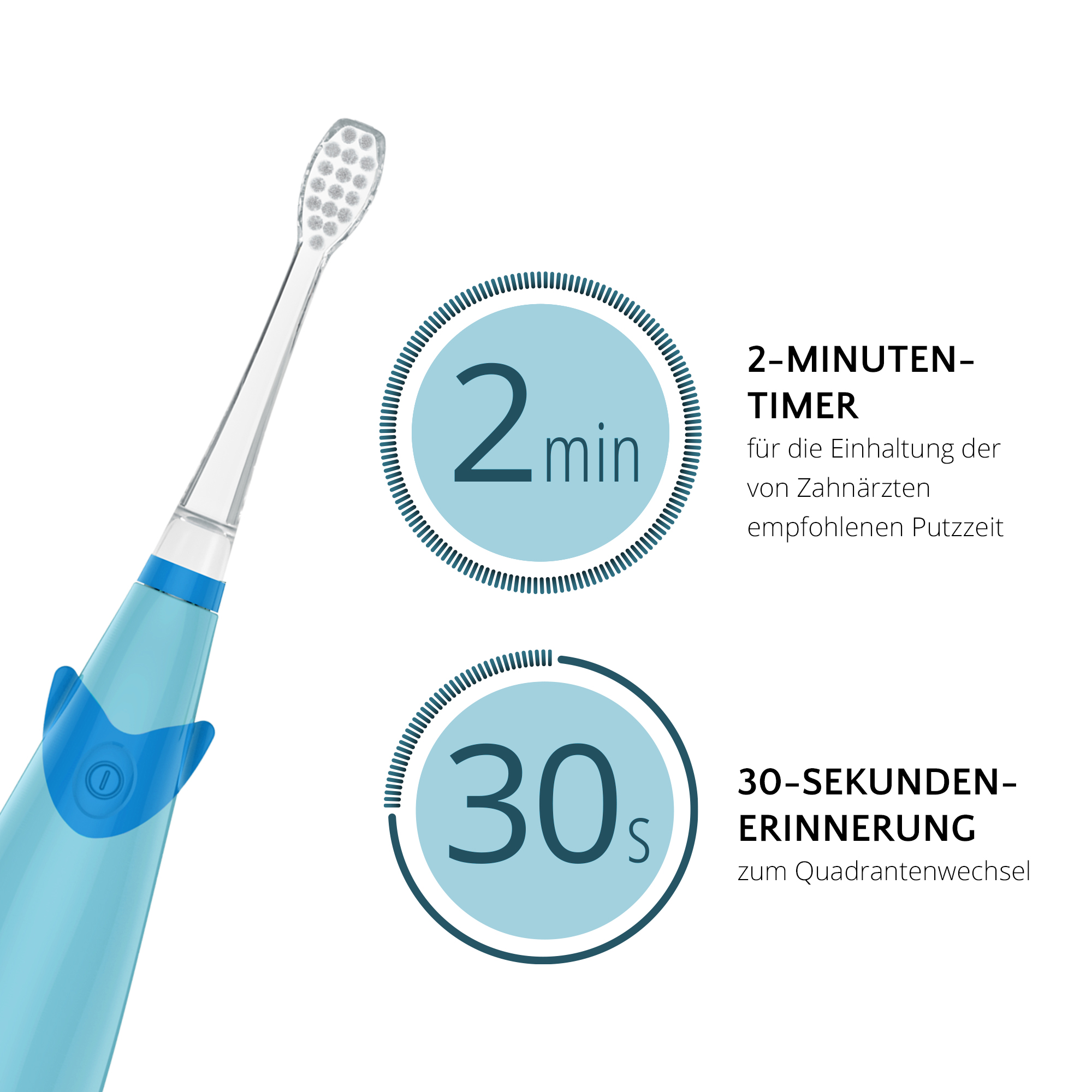 Blaue elektrische Zahnbürste. 2-Minuten-Timer und 30-Sekunden-Erinnerung werden angezeigt.