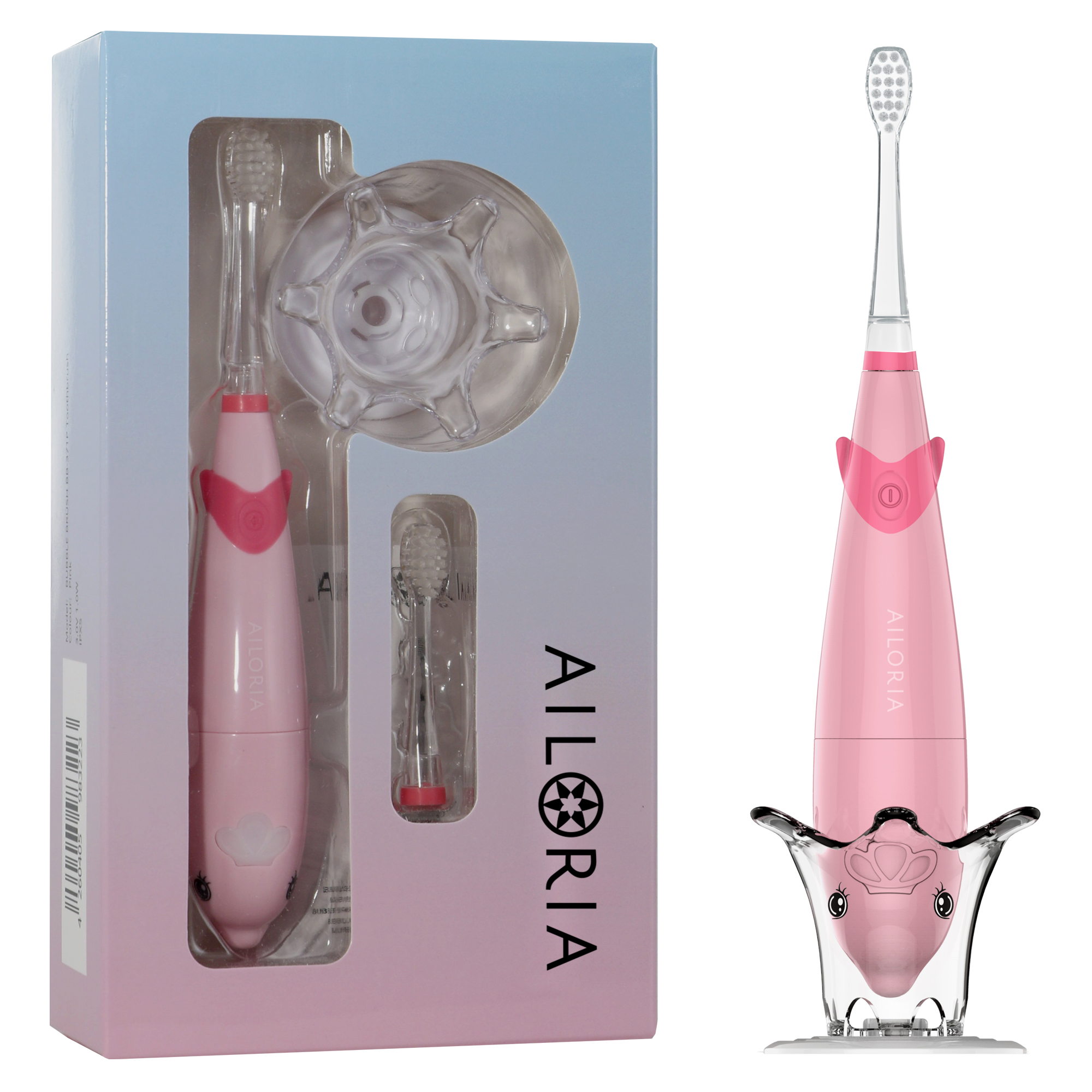 Eine rosa elektrische Zahnbürste mit transparentem Gehäuse und Ständer auf weißem Hintergrund.