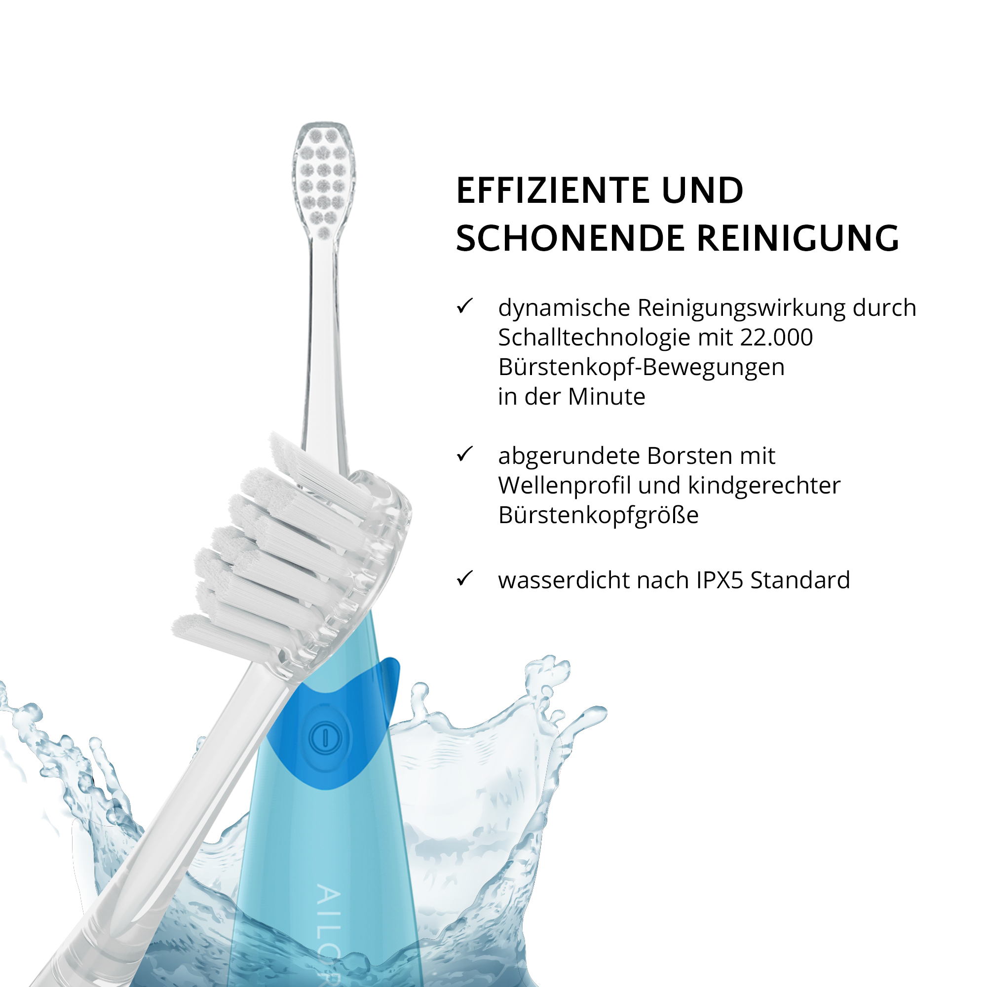 Eine elektrische Zahnbürste mit blauem Griff und Nahaufnahme des Bürstenkopfs.