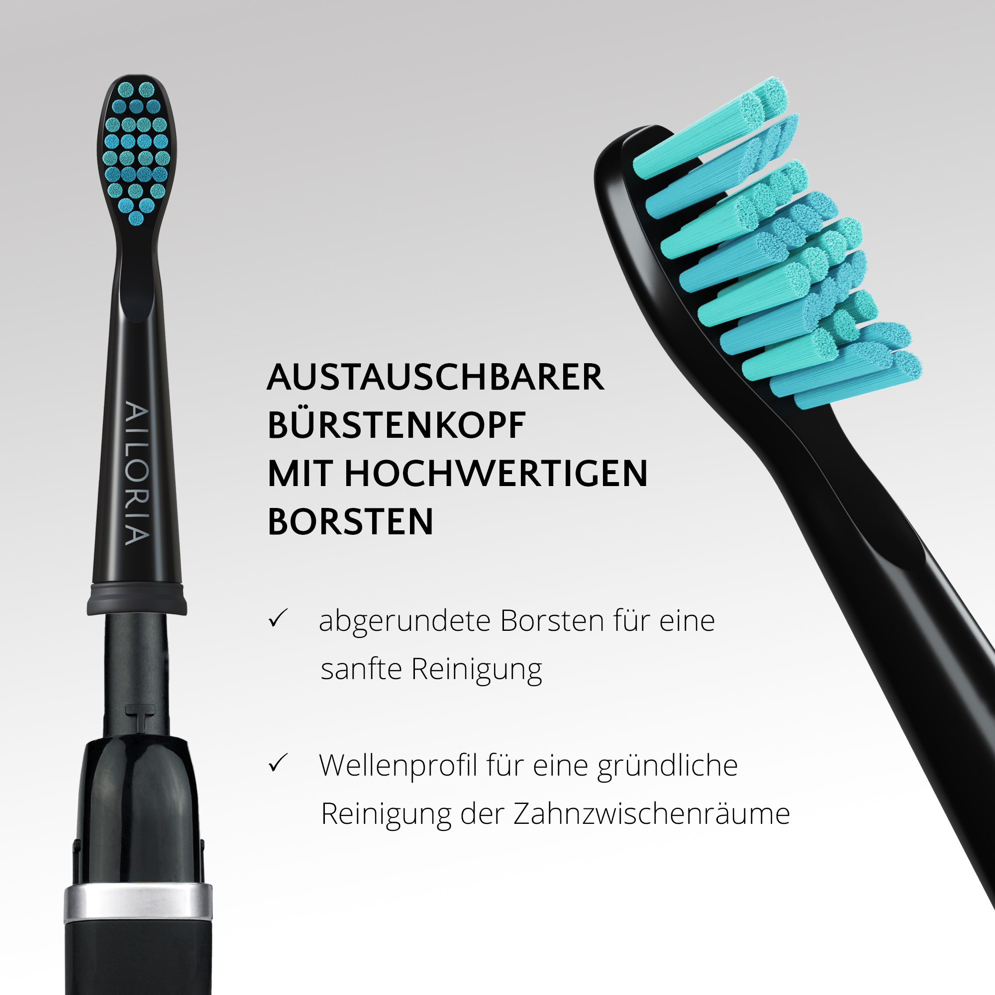 Schwarze elektrische Zahnbürste mit blauen Borsten und Text, vor hellgrauem Hintergrund.