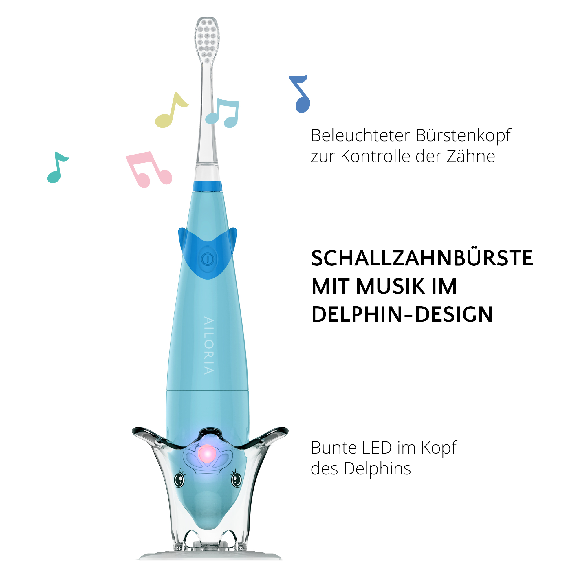 Blaue elektrische Zahnbürste in einem delfinförmigen Halter mit Noten. Text auf Deutsch.