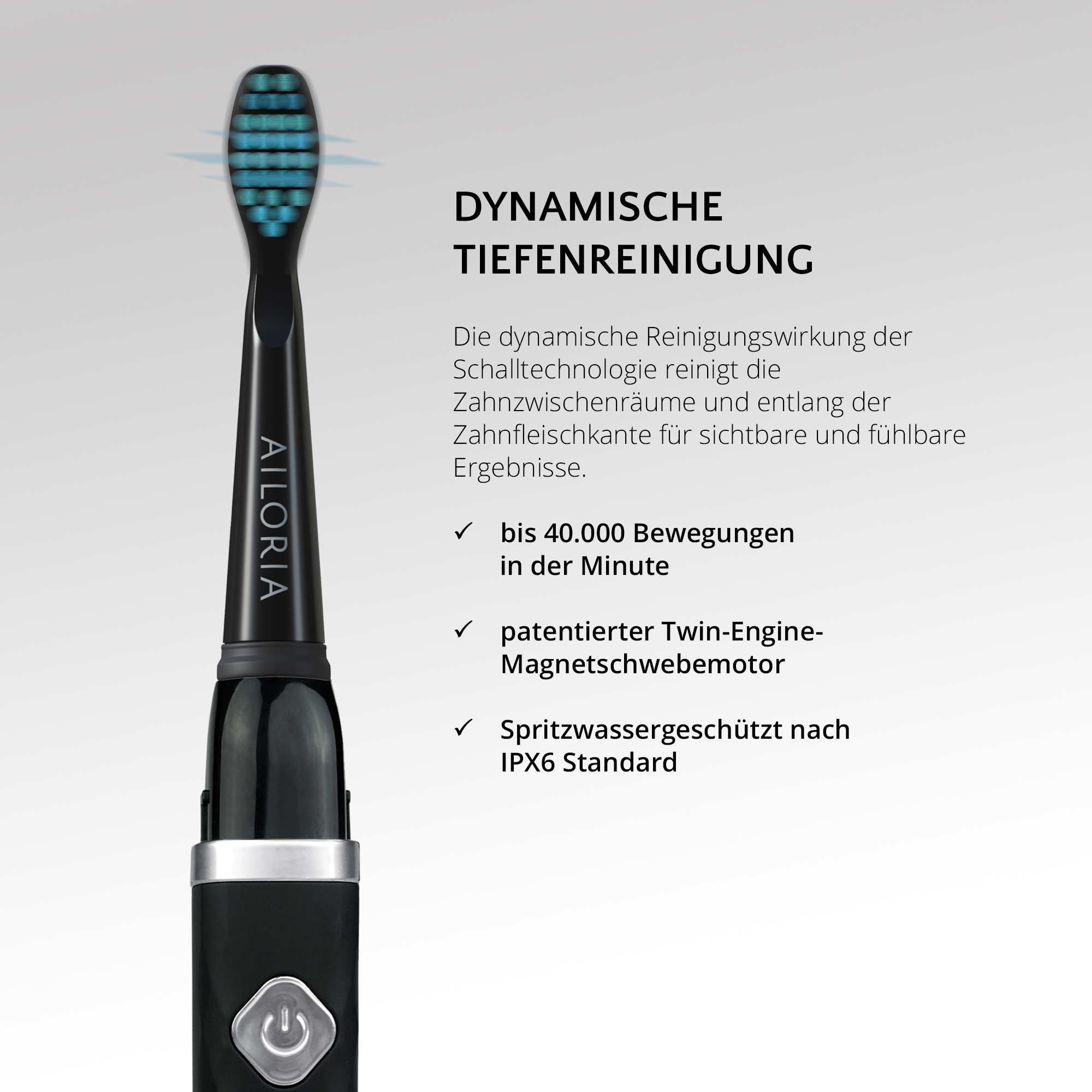 Schwarze elektrische Zahnbürste mit blauen Borsten, Text und Power-Taste.