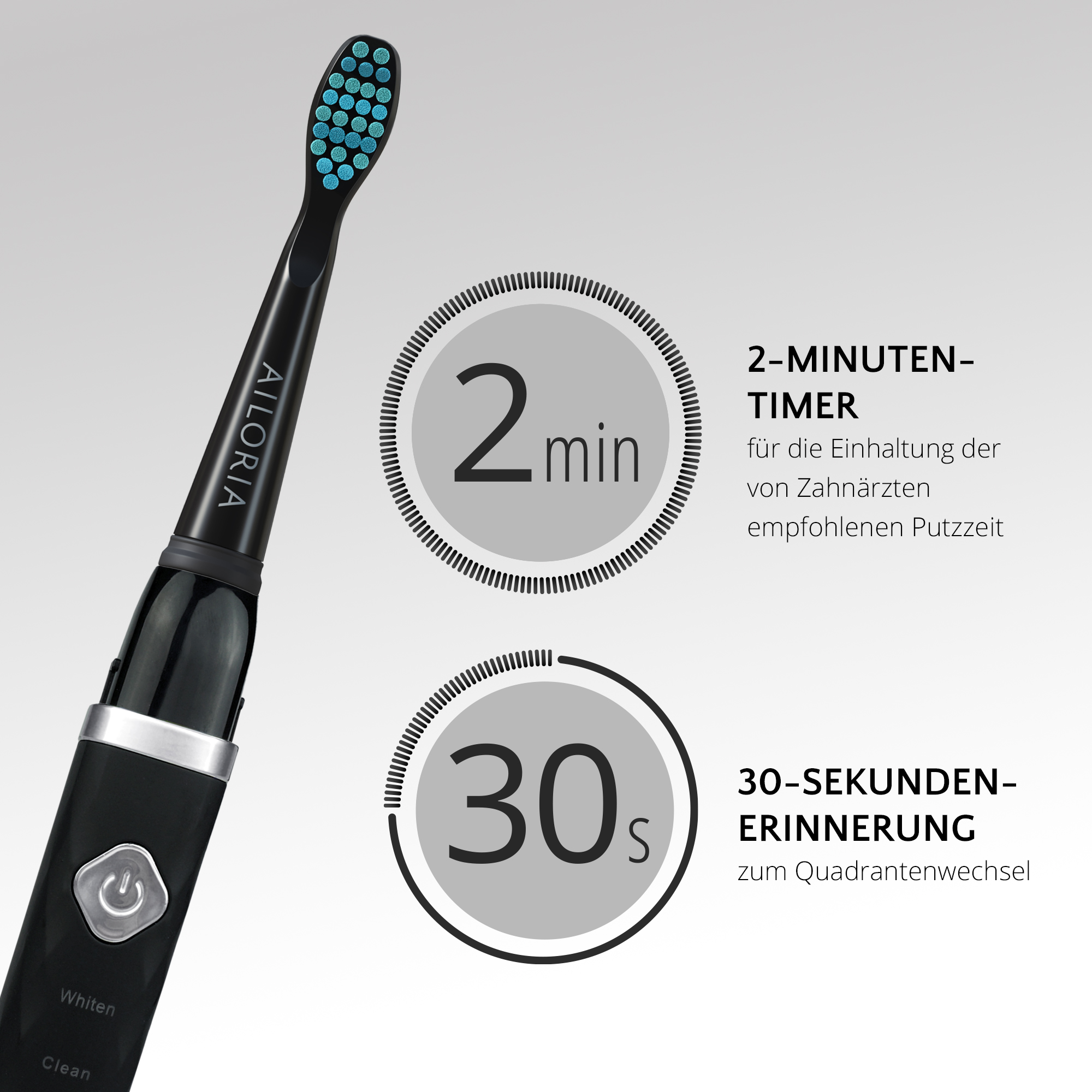 Schwarze elektrische Zahnbürste mit blauem Bürstenkopf. Ein Timer und eine 30-Sekunden-Erinnerung werden angezeigt.