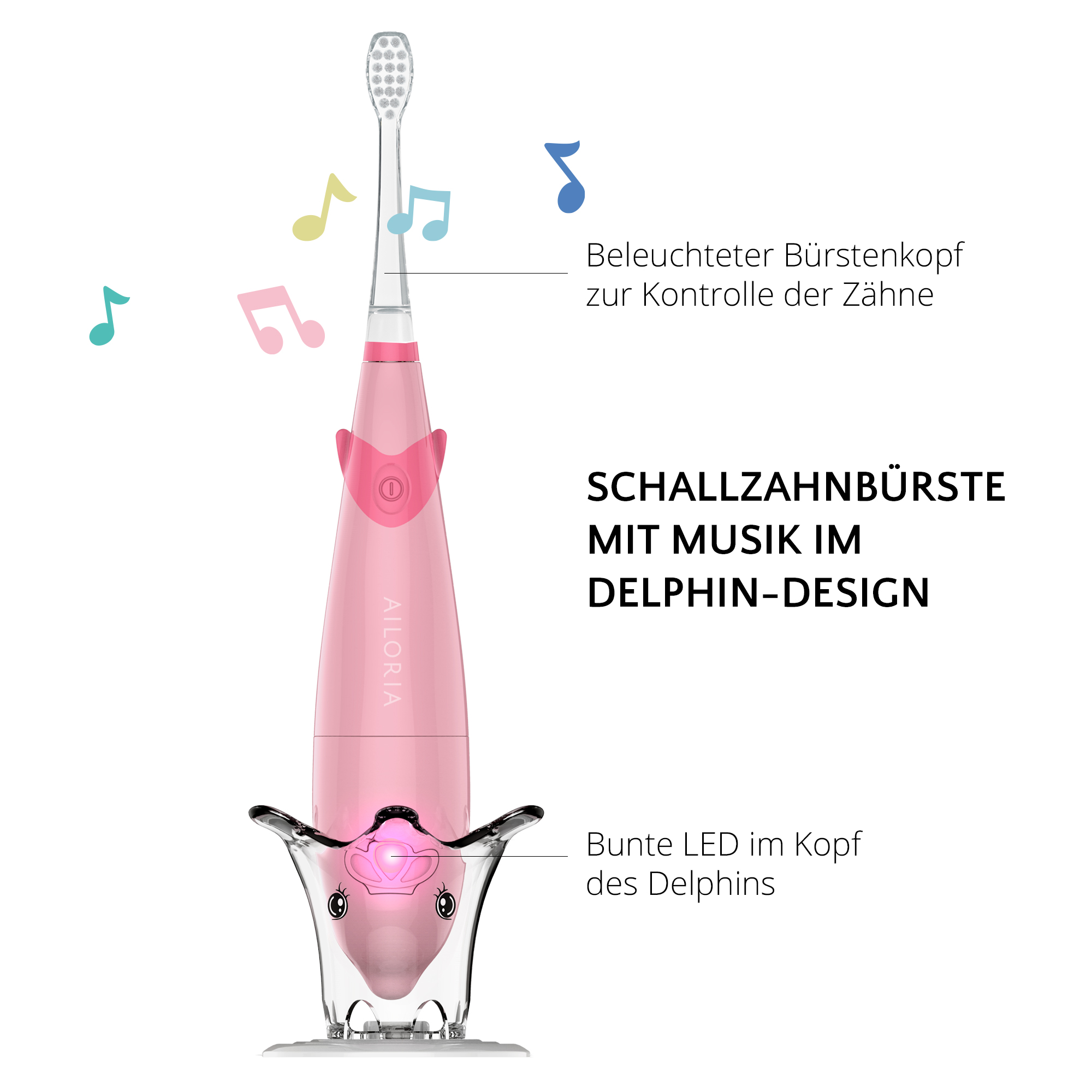 Rosa elektrische Zahnbürste mit Delphin-Design, Noten und beleuchtetem Bürstenkopf.