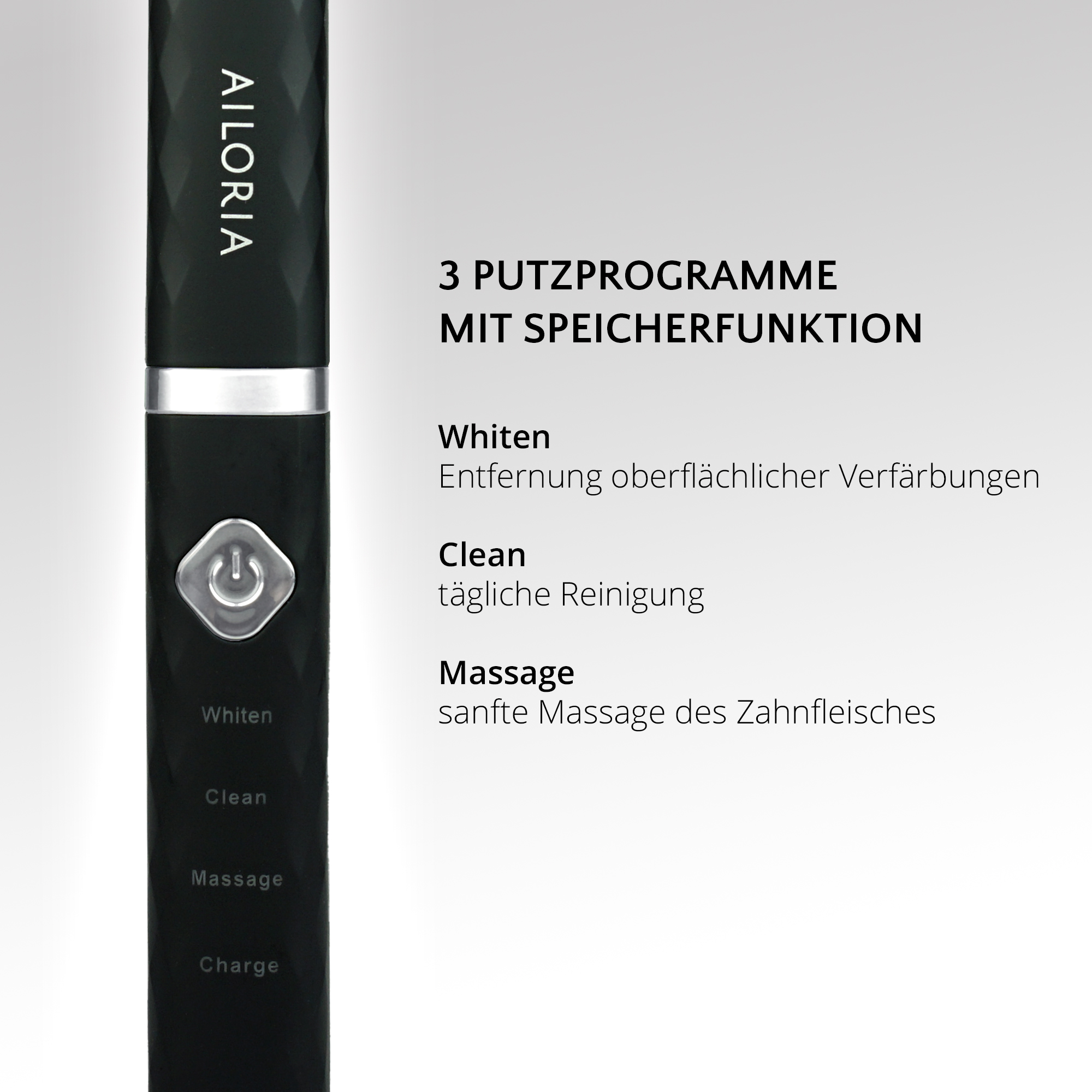 Eine schwarze elektrische Zahnbürste mit Text über Reinigungsmodi.
