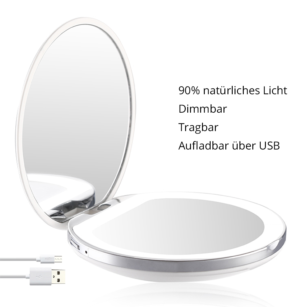Offener, ovaler Kompaktspiegel mit weißem Rahmen und USB-Kabel auf weißem Hintergrund.