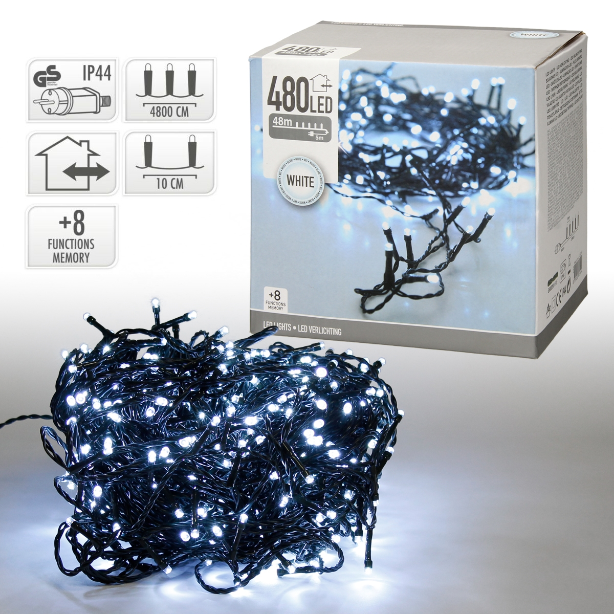 Kasten mit weißen LED-Lichterketten mit Symbolen. Die Lichter sind weiß.