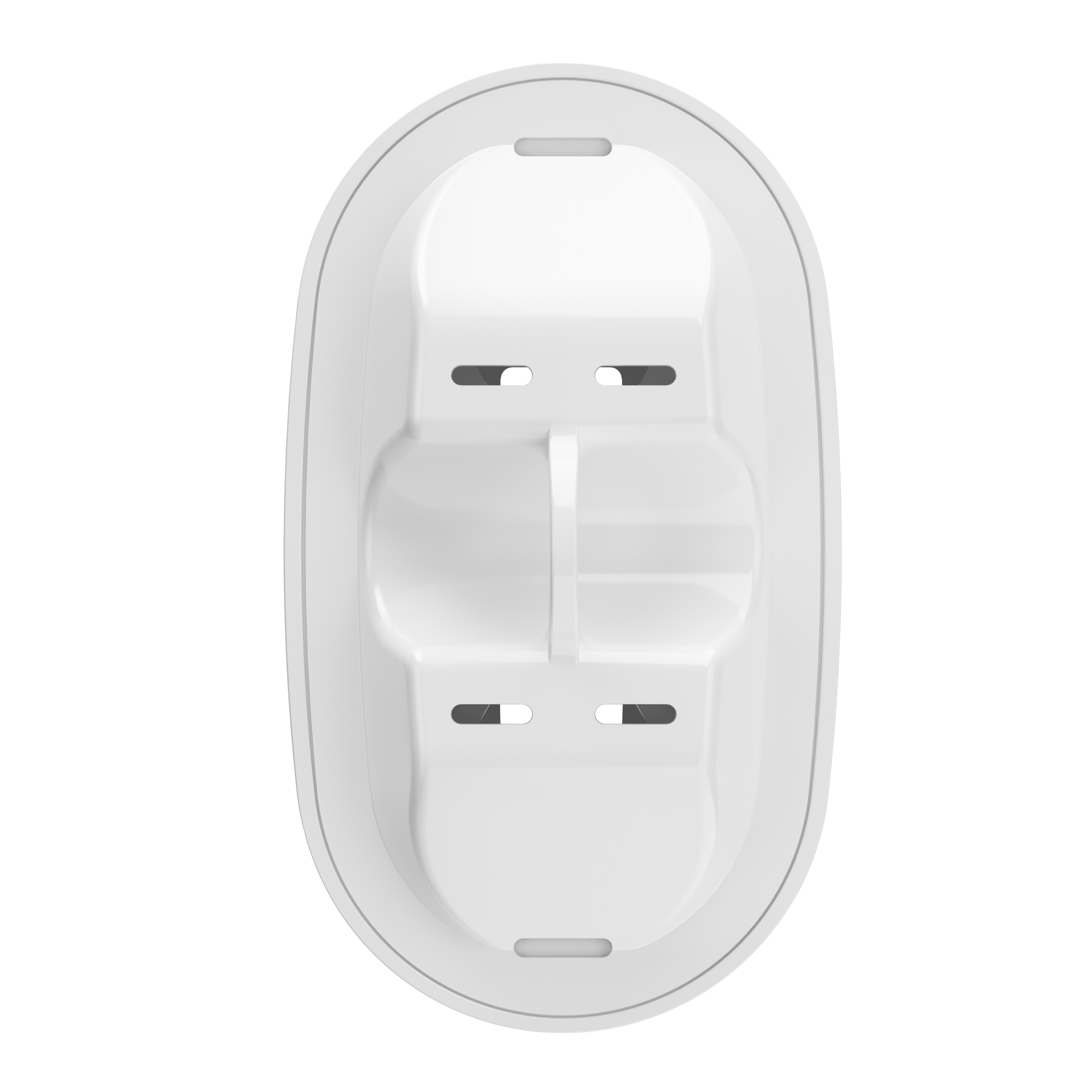 Weißes, oval geformtes Gerät mit Aussparungen. Es hat an jedem Ende eine Öffnung und einen Mittelteil.
