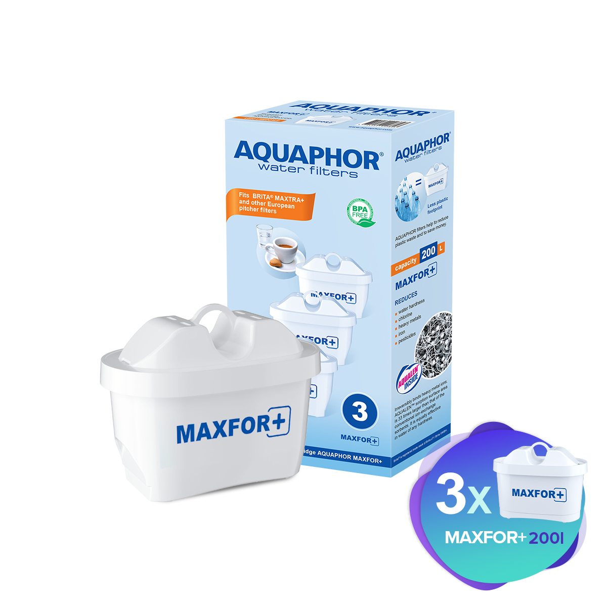 Eine Schachtel mit Aquaphor Wasserfiltern und zwei Ersatzfiltern.