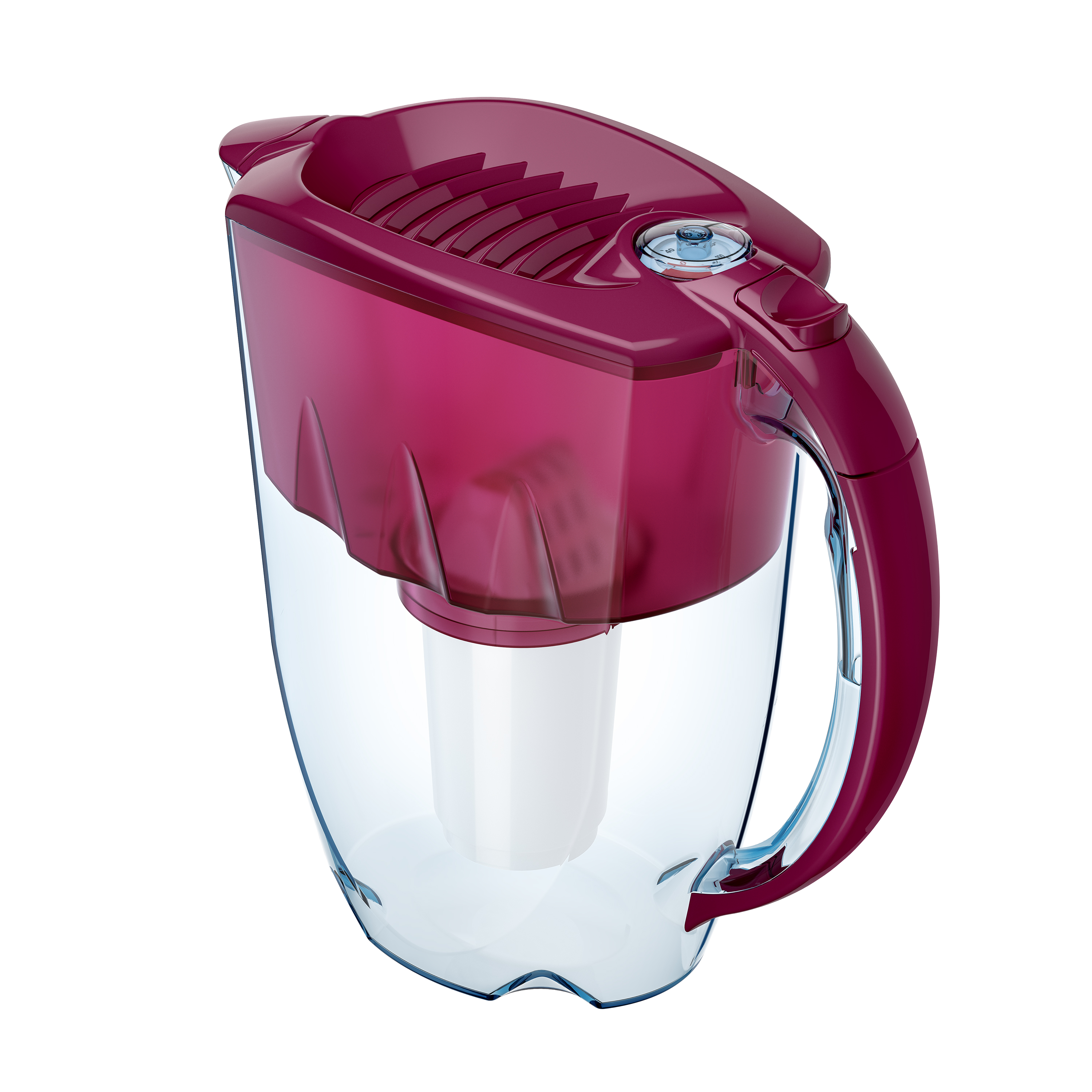 Ein burgunderfarbener Wasserfilterkrug mit Griff. Er hat einen transparenten Körper, um den Wasserstand anzuzeigen.