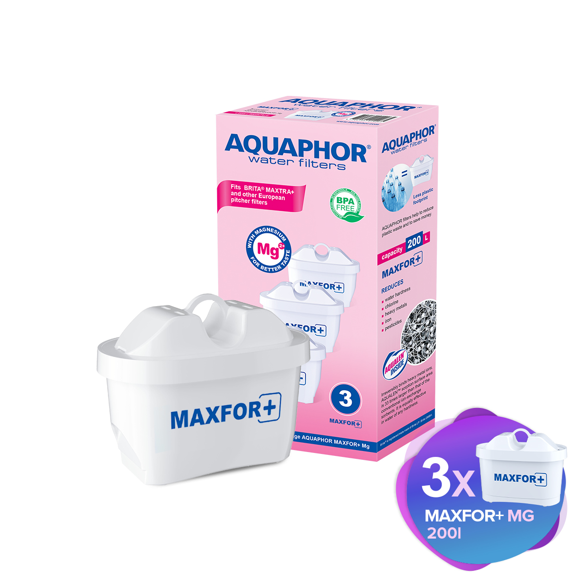 Weiß-rosa Wasserfilterbox mit drei Filtern und einem separaten Filter.