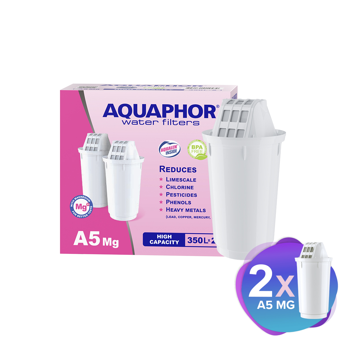 Eine Box mit Wasserfiltern mit zwei Filtern draußen. Text lautet: AQUAPHOR Wasserfilter, A5 Mg.