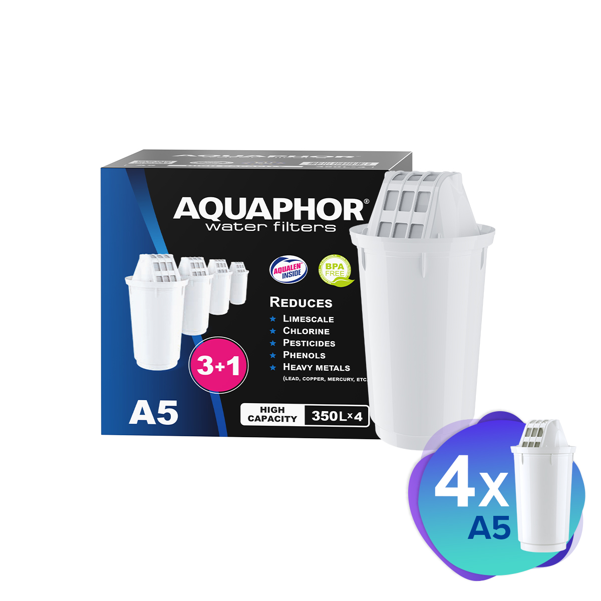 Weiße Wasserfilterbox mit 3+1 Filtern. Text weist darauf hin, dass es Kalk, Chlor, Pestizide, Phenole und Schwermetalle reduziert.