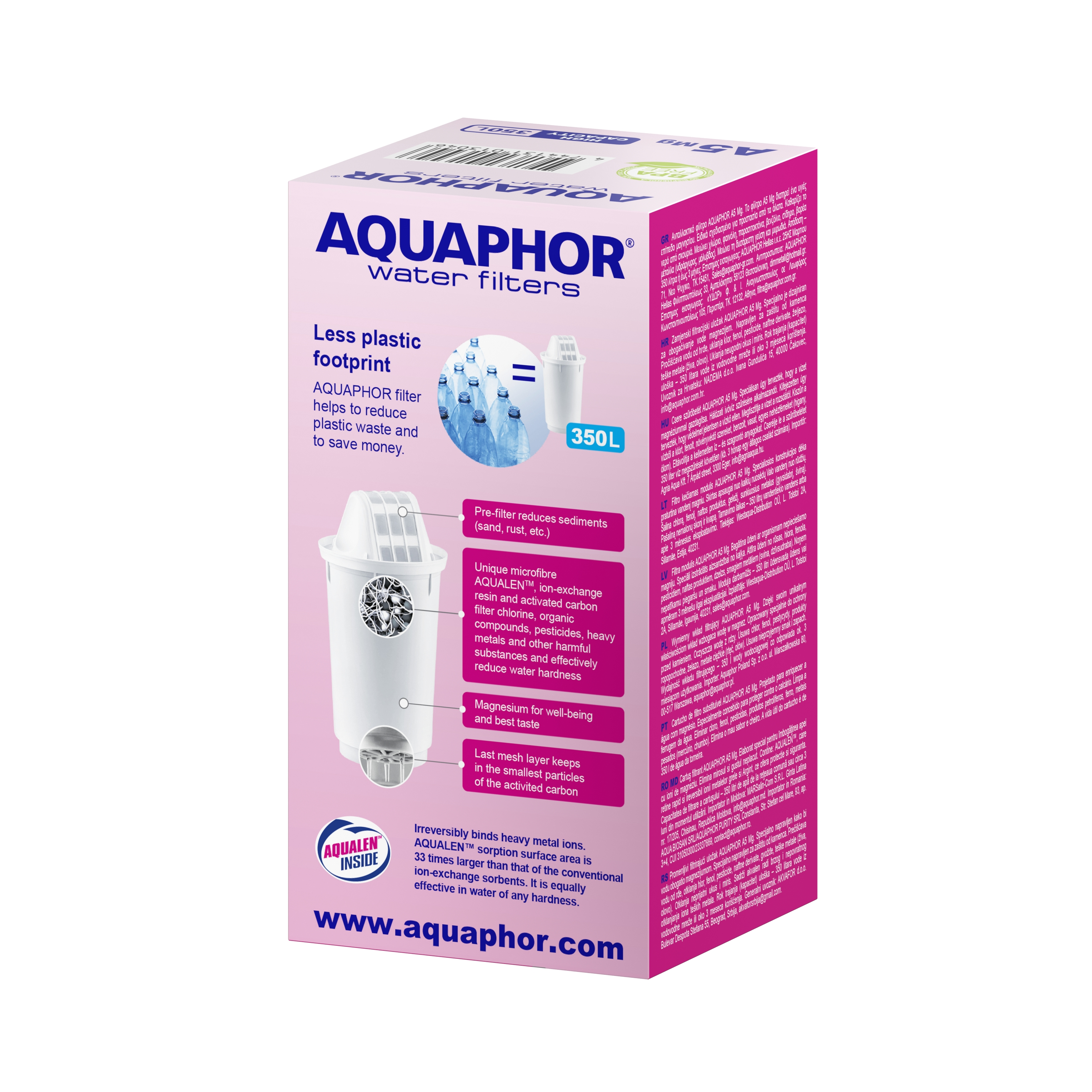 Pudełko filtra do wody Aquaphor ze szczegółami dotyczącymi filtra, w tym przekrojem samego filtra.