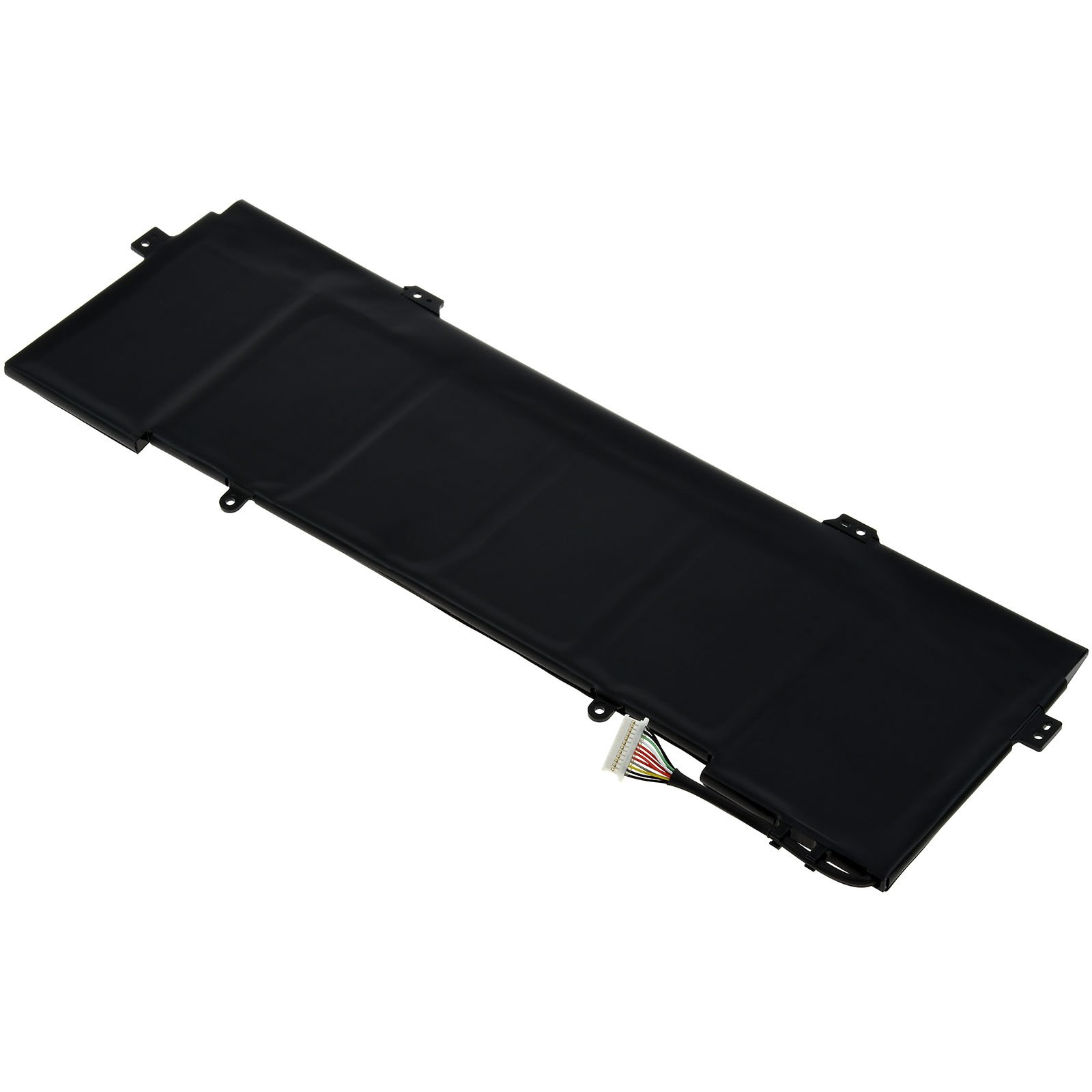 Schwarzer rechteckiger Laptop-Akku mit weißem Stecker und Anschlussdrähten.