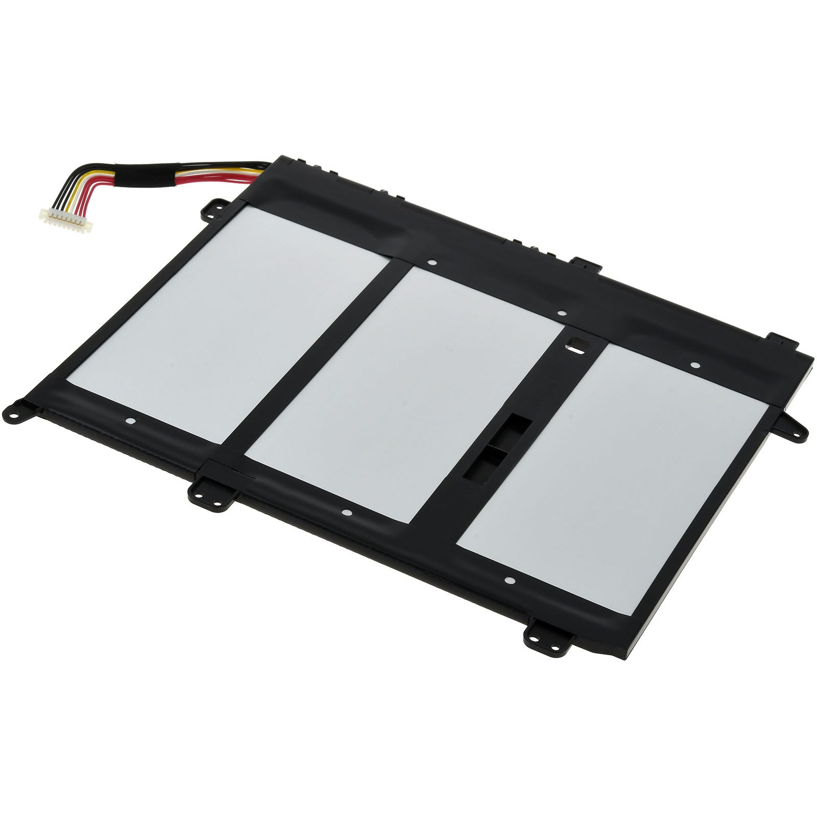 Schwarzer rechteckiger Laptop-Akku mit weißen Bereichen und einem Stecker mit Drähten.