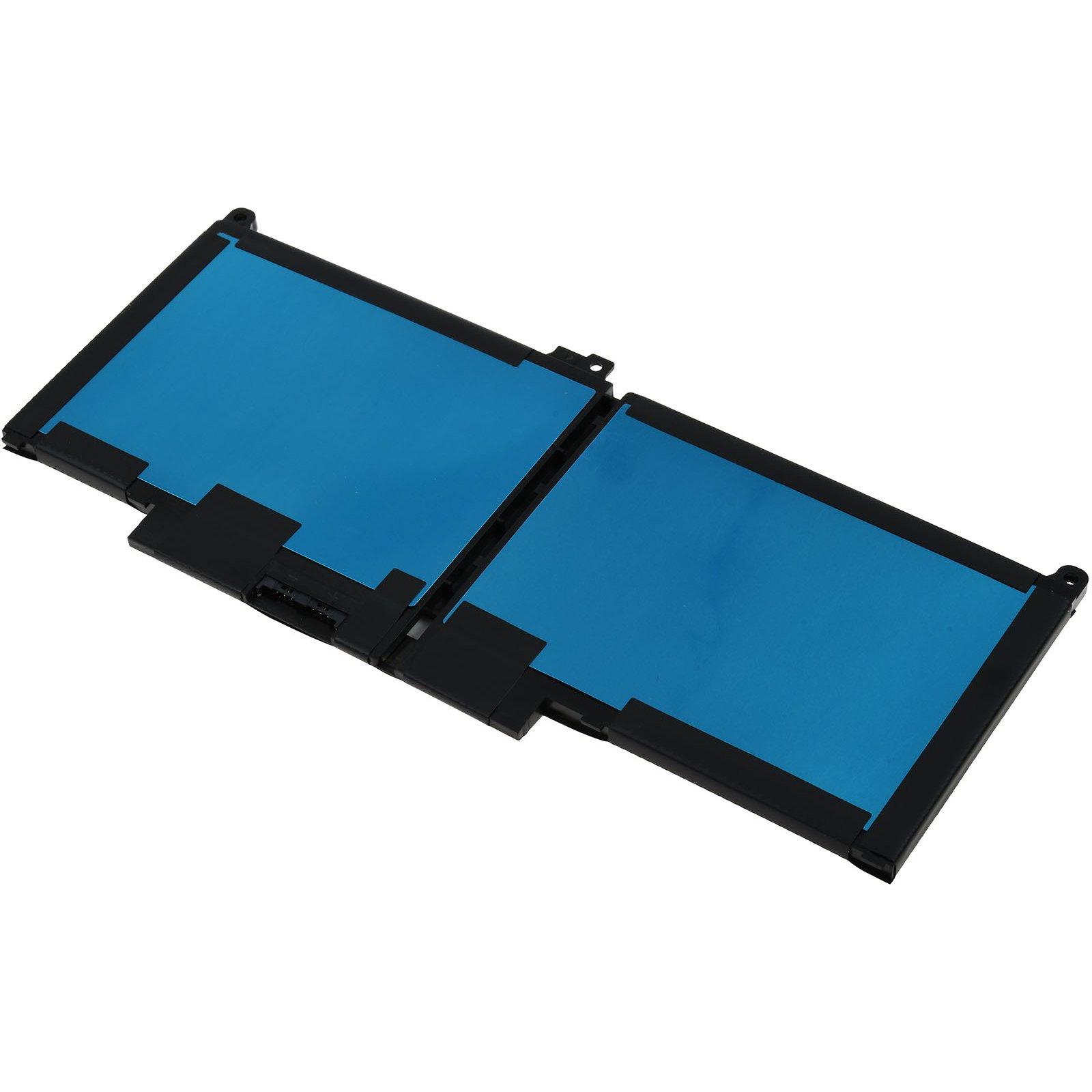 Dos baterías de portátil negras con cinta azul. Fondo blanco.