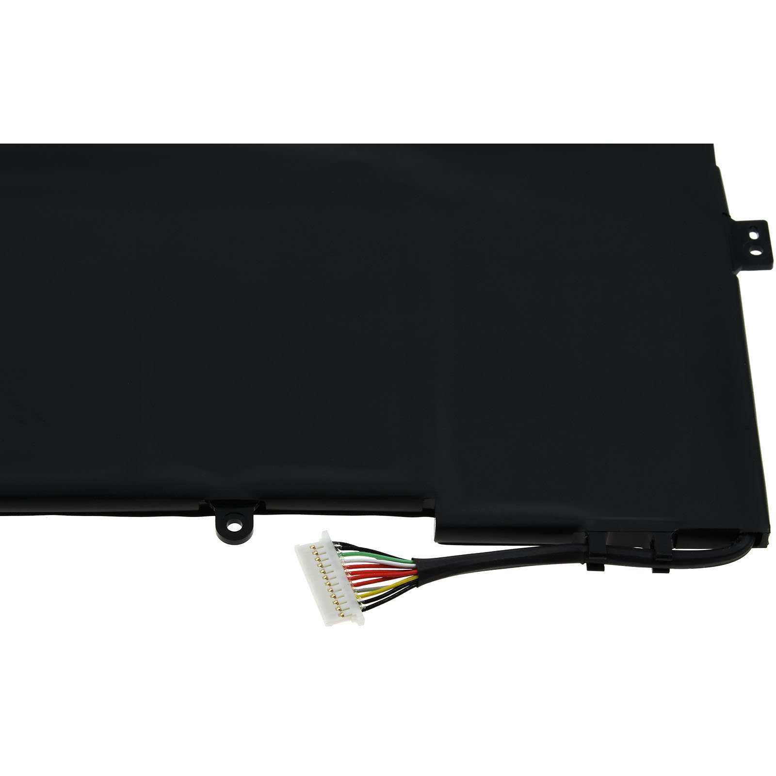 Ein schwarzer Laptop-Akku mit mehrfarbigem Stecker auf weißem Hintergrund.