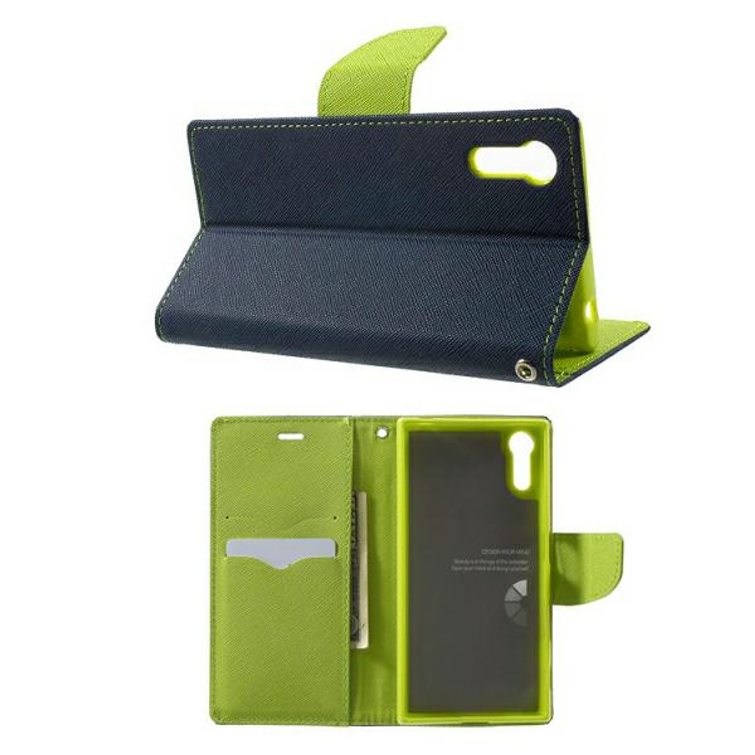 Grüne und marineblaue Handyhülle, offen und geschlossen. Innen mit Kartenfach und Handyhalter.