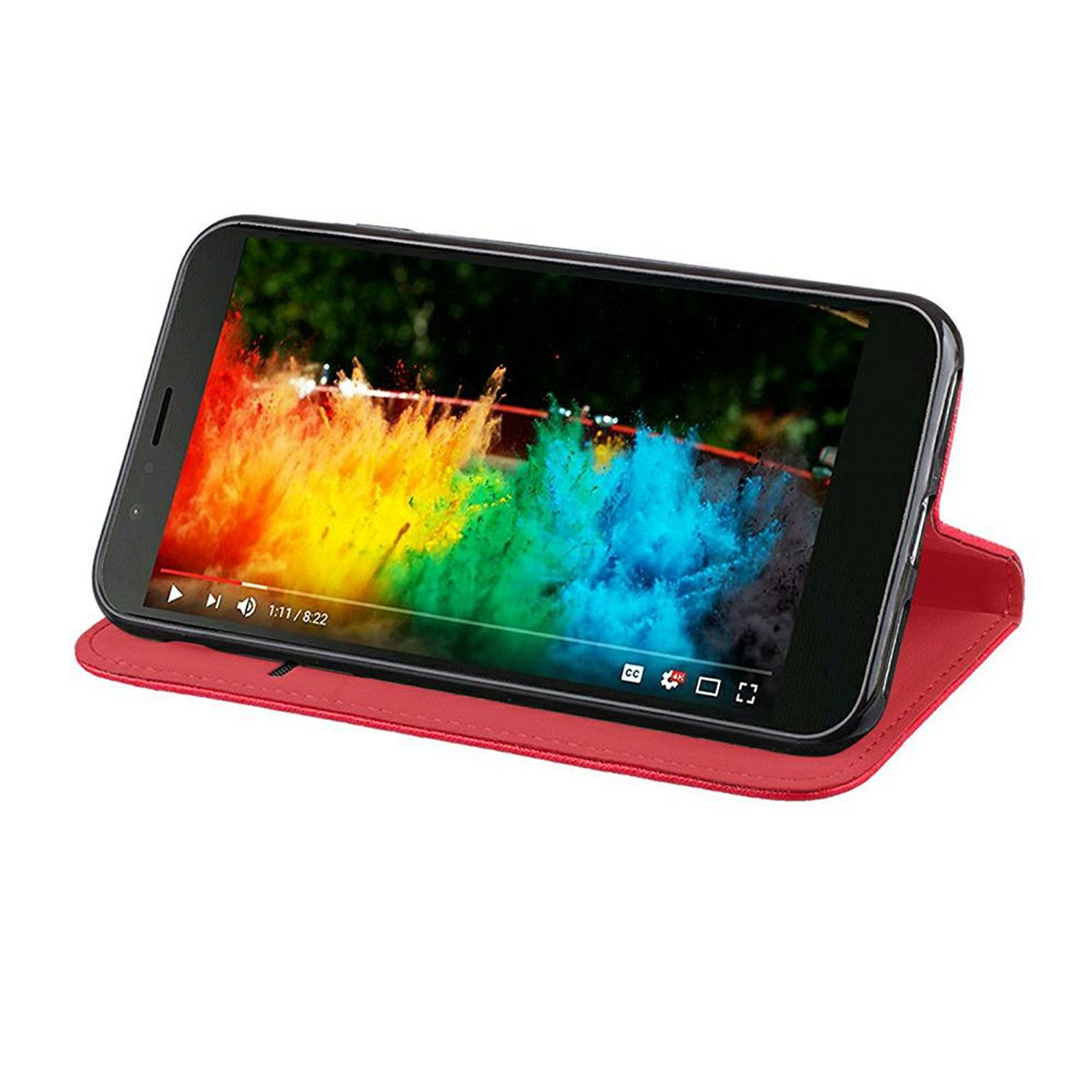 Ein Smartphone in einer roten Hülle, das ein farbenfrohes Video auf seinem Bildschirm anzeigt.