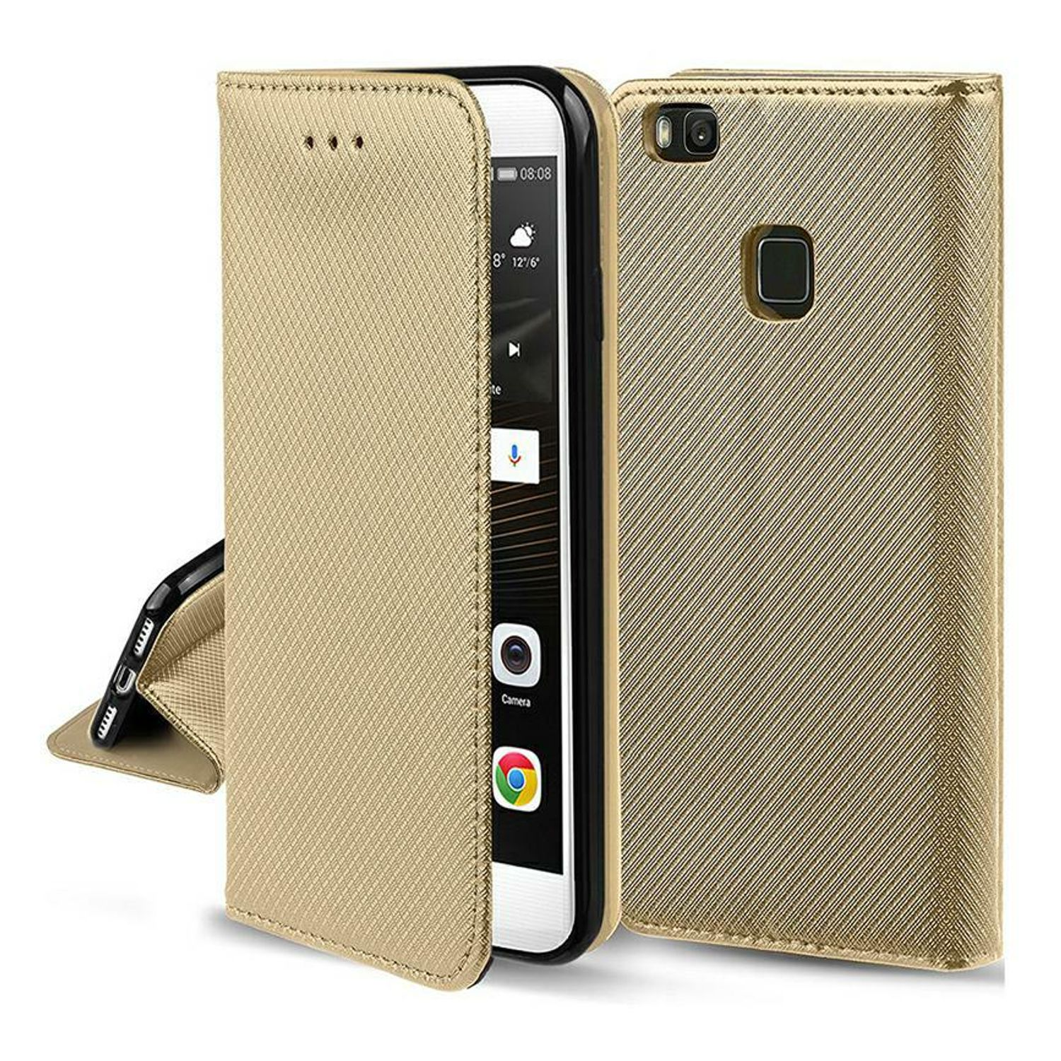 Goldene Handyhülle mit einem Telefon darin. Der Telefonbildschirm zeigt eine Anzeige.
