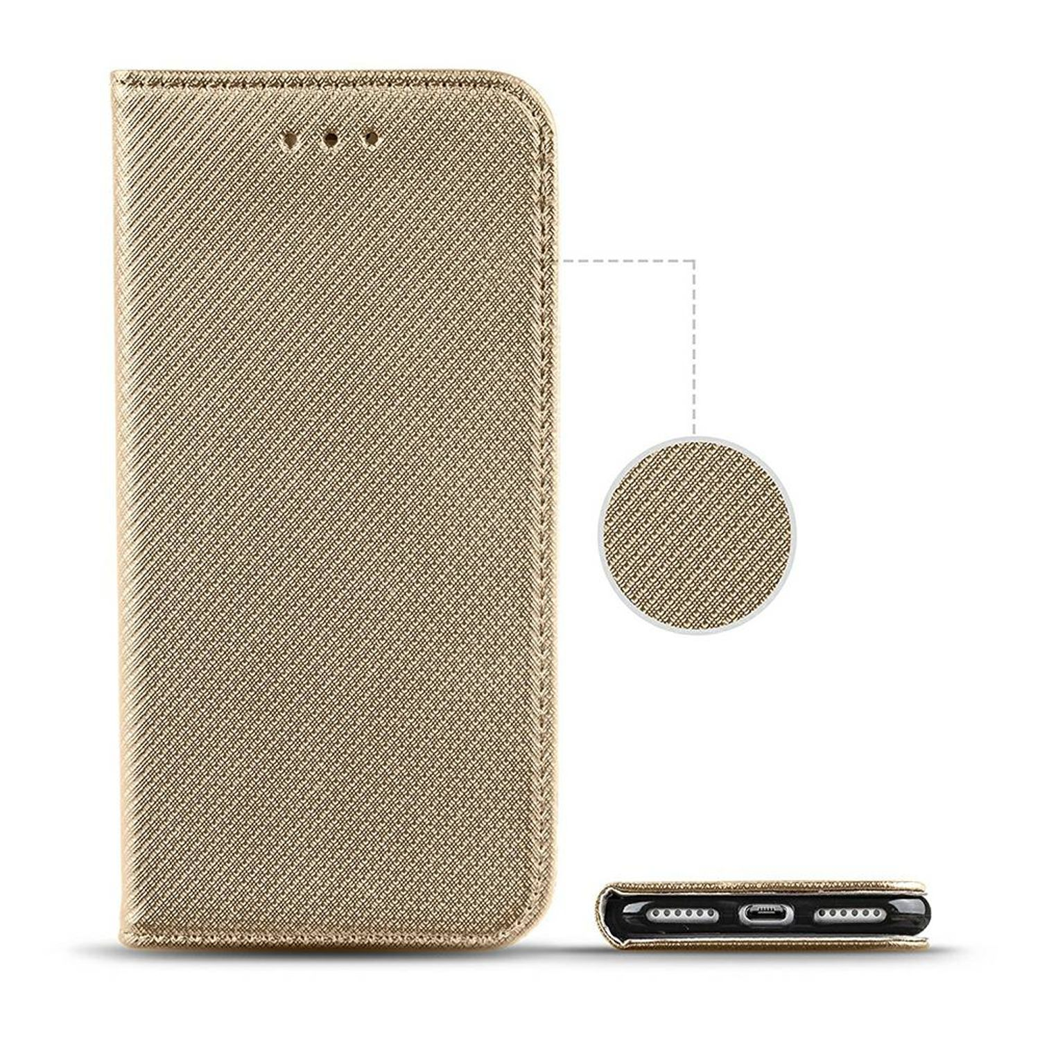 Eine goldene Handyhülle mit strukturierter Oberfläche, mit einem Telefon.