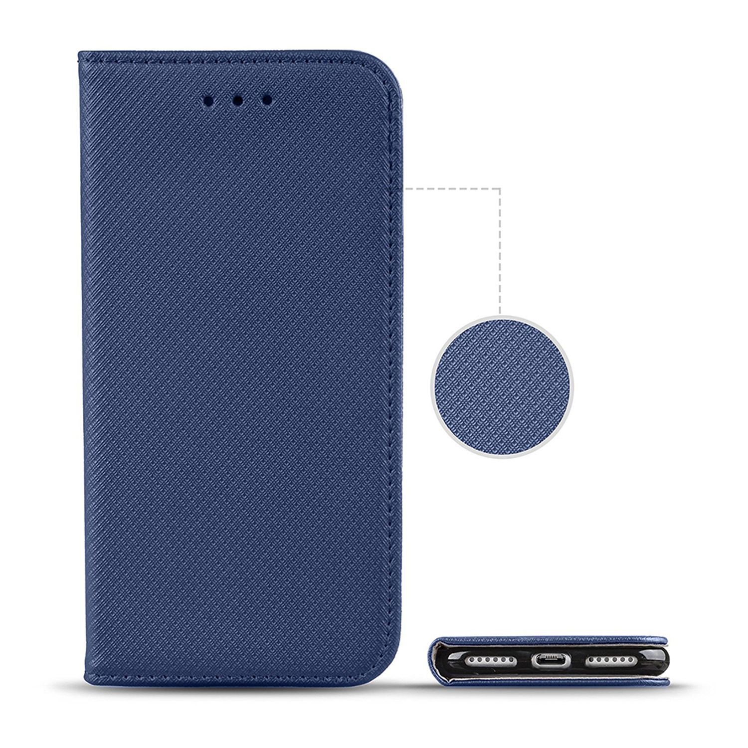 Eine blaue Handyhülle, aufgeklappt. Es gibt eine Nahaufnahme der Gehäusestruktur und des Telefonrands.