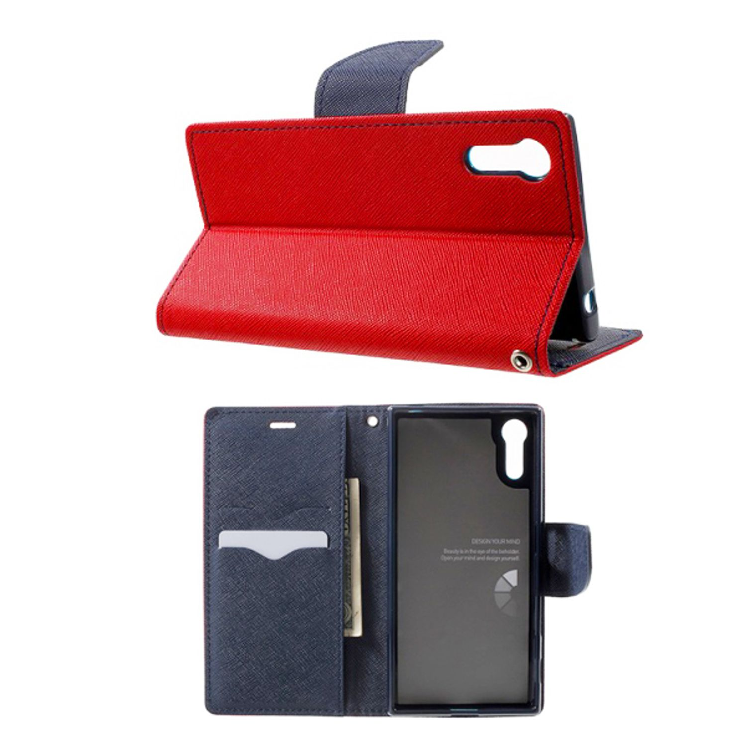 Eine rote und blaue Handyhülle, offen. Das Telefon ist darin sichtbar.