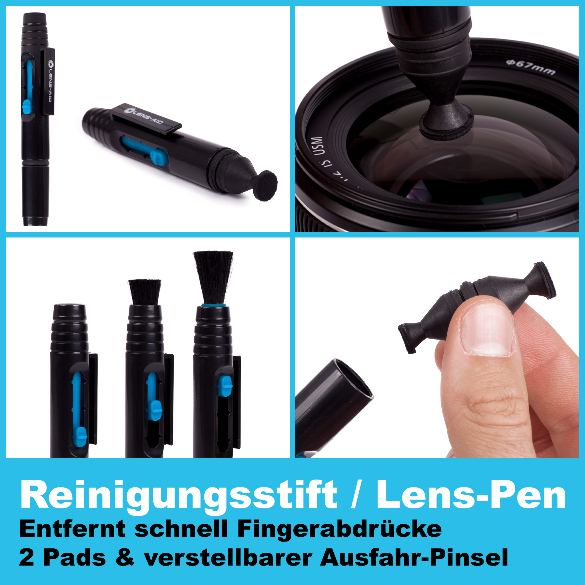 Objektivstift und -bürste zur Reinigung von Kameras. Mehrere Fotos zeigen Stift und Bürste im Einsatz.