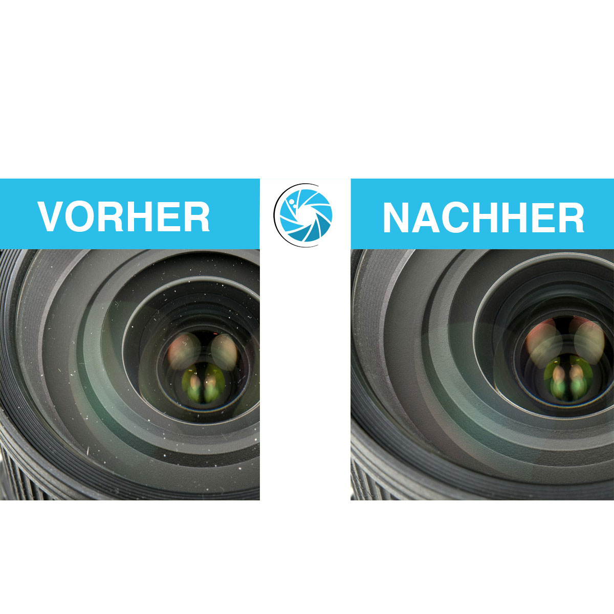 Ein Vorher-Nachher-Bild einer Kameralinse. Das Vorher-Bild zeigt Staub. Das Nachher-Bild ist sauber.