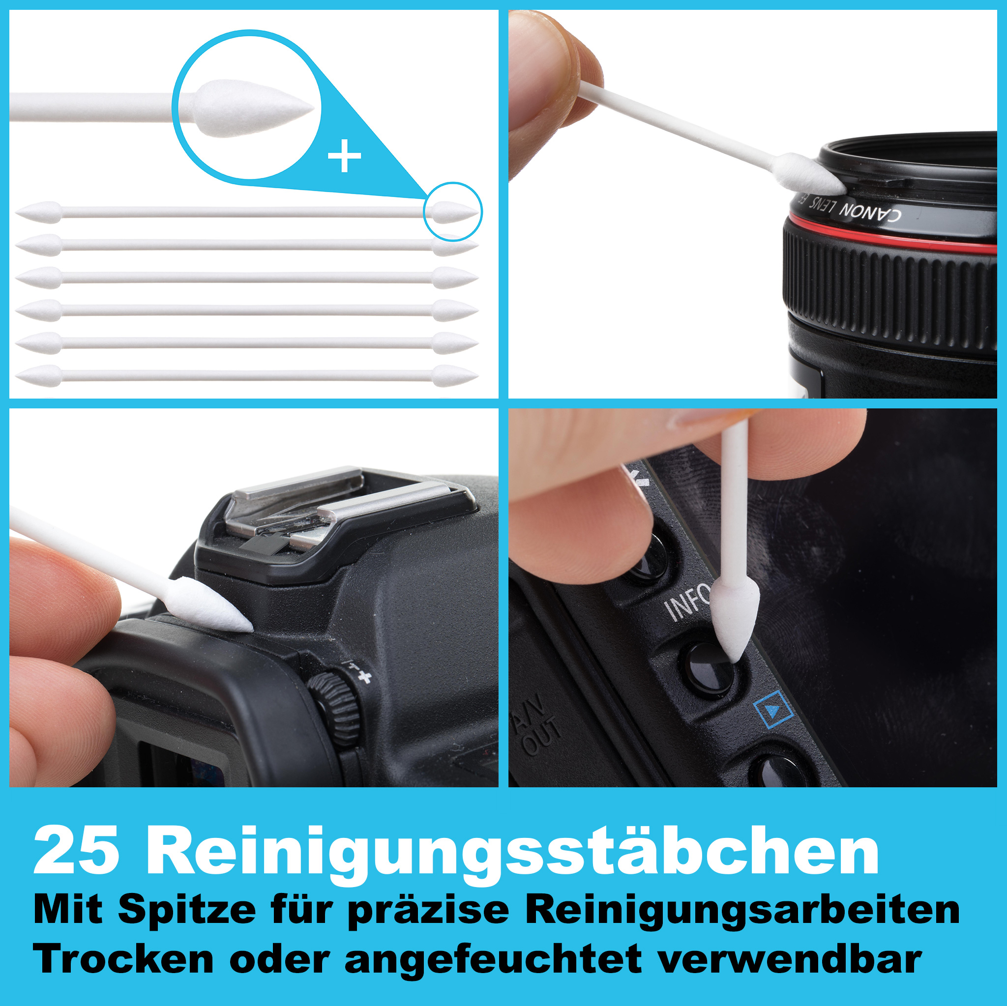 Mehrere weiße Wattestäbchen reinigen Kamerateile. Nahaufnahmen des Prozesses.
