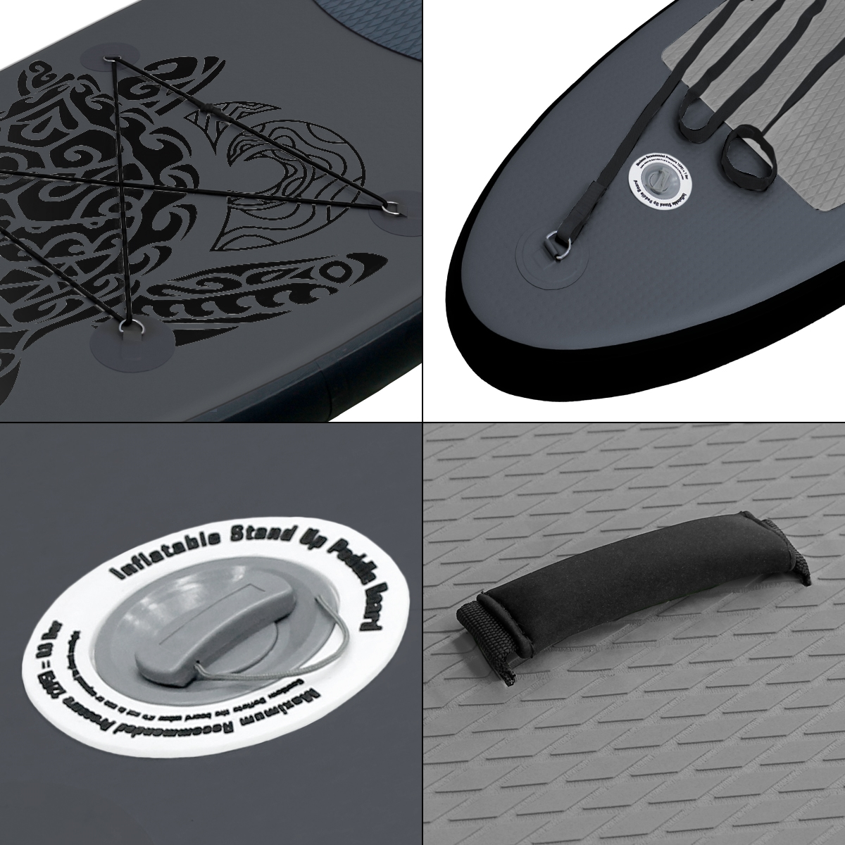 Stand-Up-Paddleboard mit Details. Grafiken, Zurrgurte und ein Ventil.