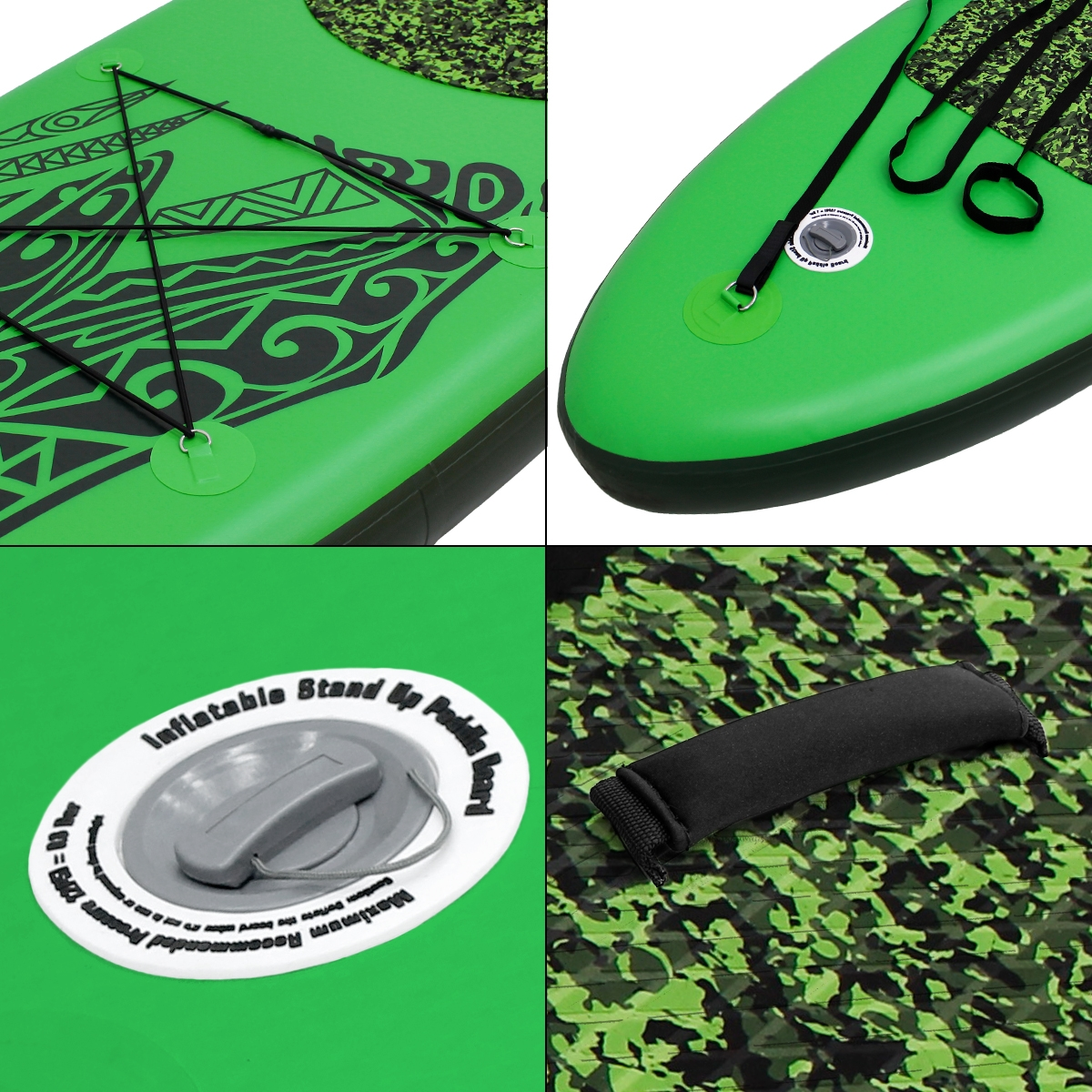 Grünes und schwarzes aufblasbares Stand-Up-Paddleboard. Das Board hat eine strukturierte Oberfläche.