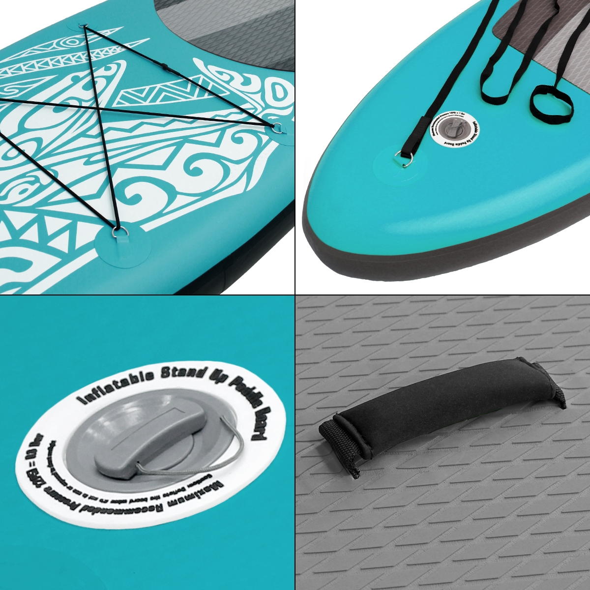 Details des Paddleboards: Oberseite, Bug, Ventil und Deckgriff. Alles in Blau und Grau.