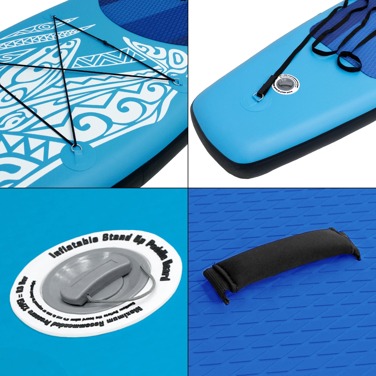 Vier Bilder eines blauen Paddleboards mit Details, die das Design und die Eigenschaften des Boards zeigen.