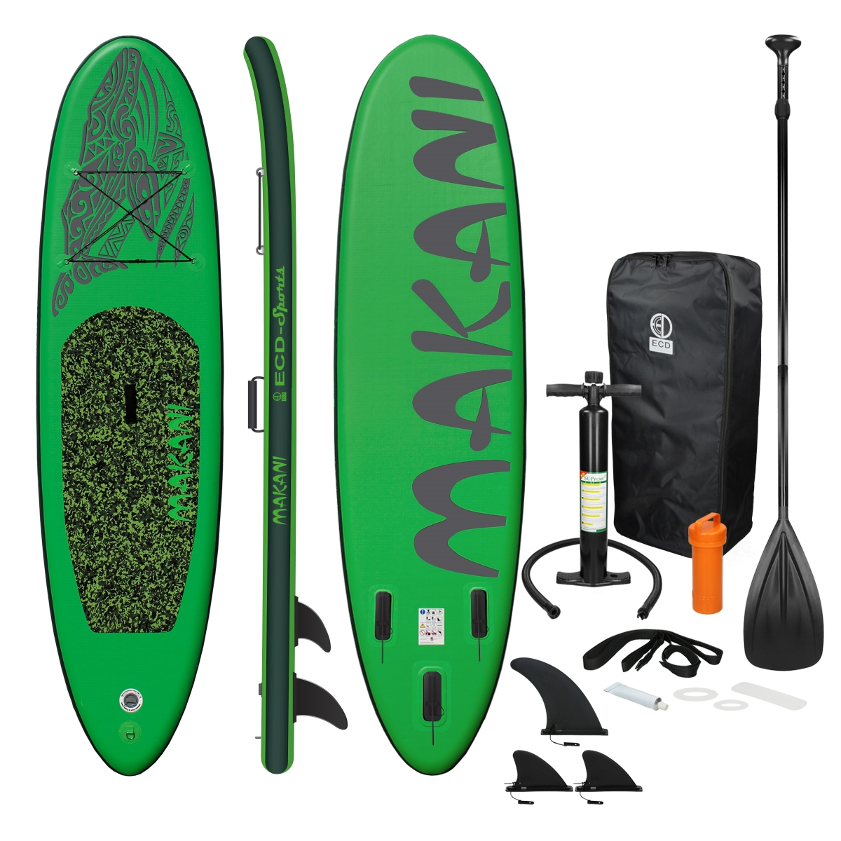 Grünes aufblasbares Stand-Up-Paddleboard mit Zubehör. Weißer Hintergrund.