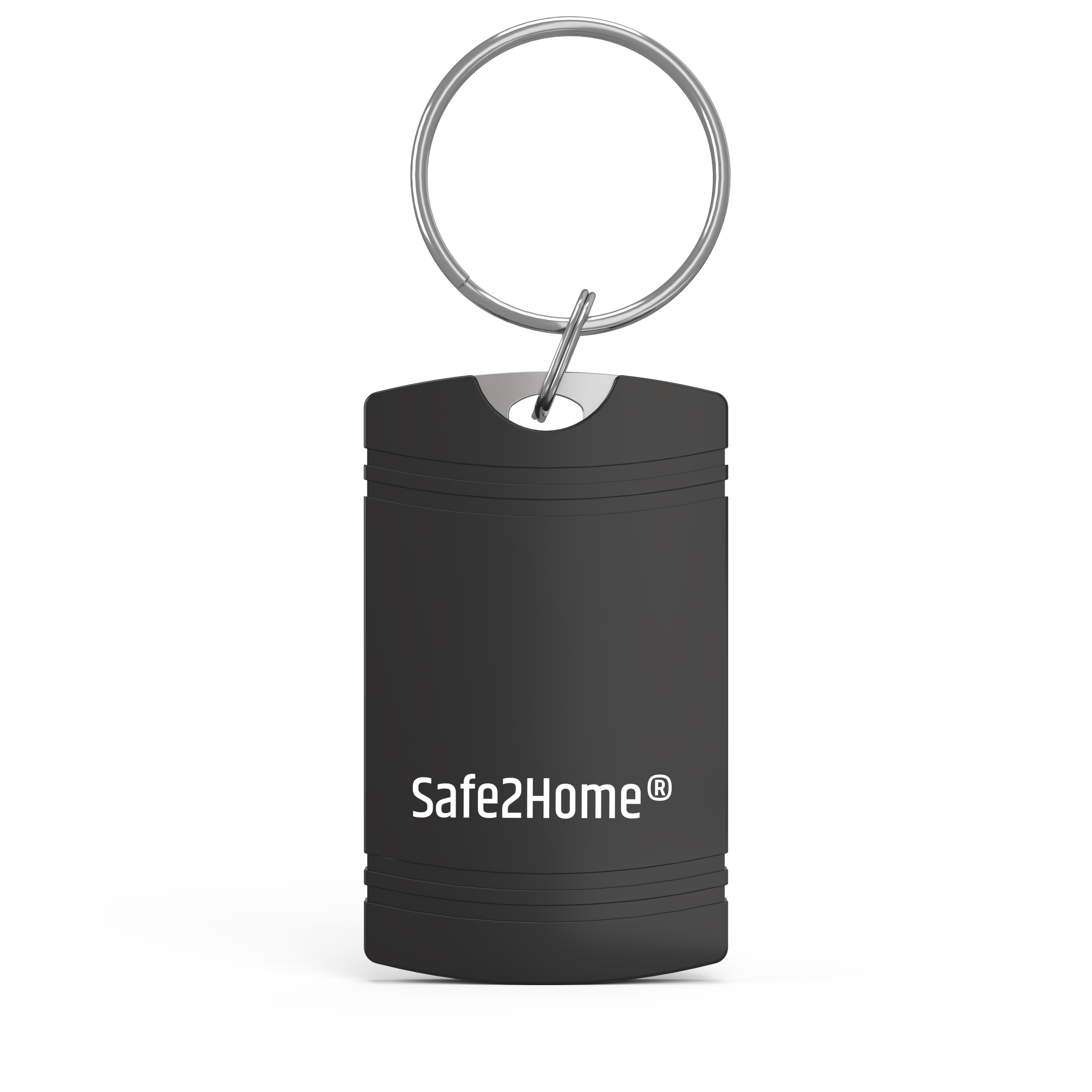 Schwarzer Safe2Home Schlüsselanhänger mit silbernem Ring. Der Schlüsselanhänger hat weißen Text.