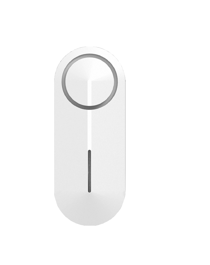Ein weißer Smart-Home-Button, oval mit Mittellinie und kreisförmigem Knopf oben.