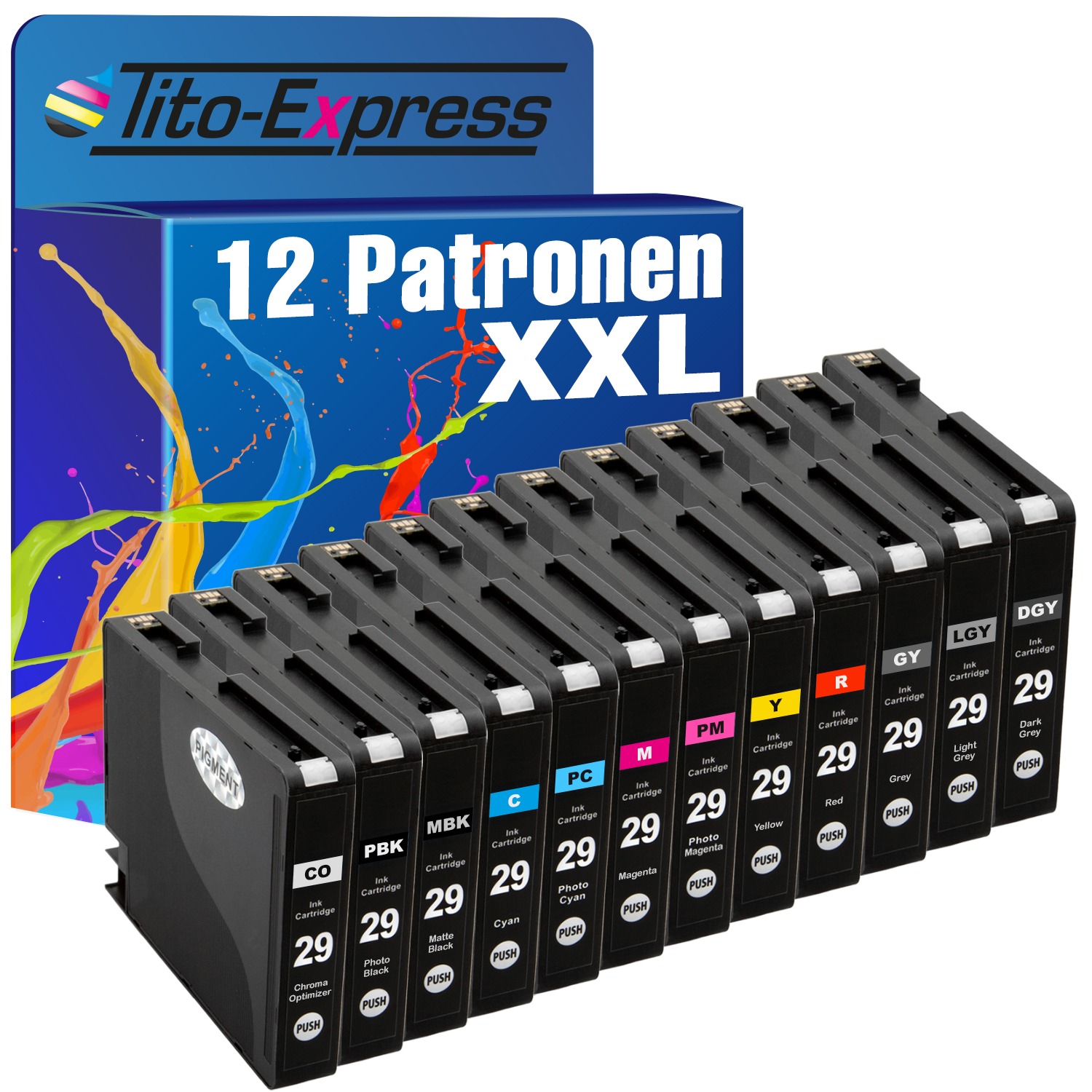 TITO-EXPRESS PLATINUMSERIE 12er ersetzt magenta, black, Canon 4871B001 4877B001 Tintenpatronen light 4870B001 chroma grey, yellow, 4872B001 4874B001 photo magenta, optimizer red, 4875B001 4879B001) dark grey, Set (4868B001 matte cyan, grey, cyan, 4869B001 photo 4876B001 4873B001 black, PGI-29XL photo 4878B001