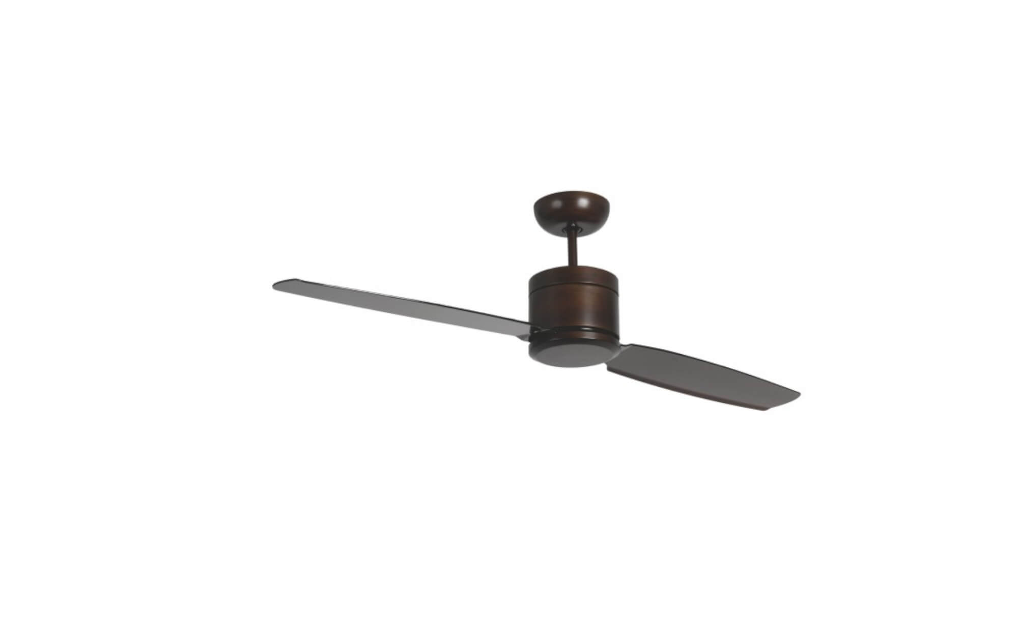 Ventilatore da soffitto marrone con due pale, isolato su sfondo bianco.