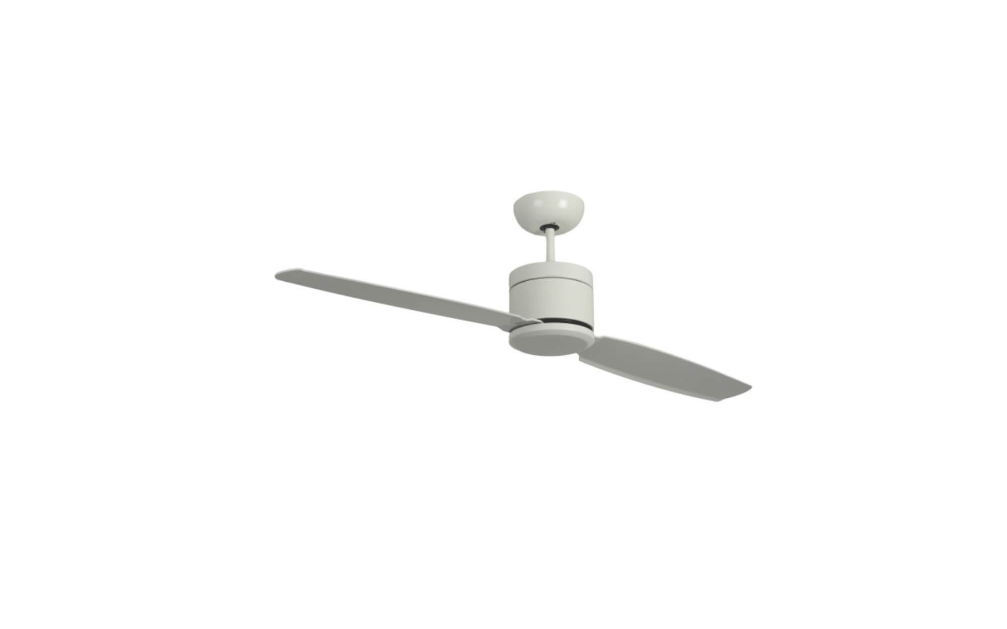 Ein weißer Deckenventilator mit zwei Flügeln vor weißem Hintergrund.